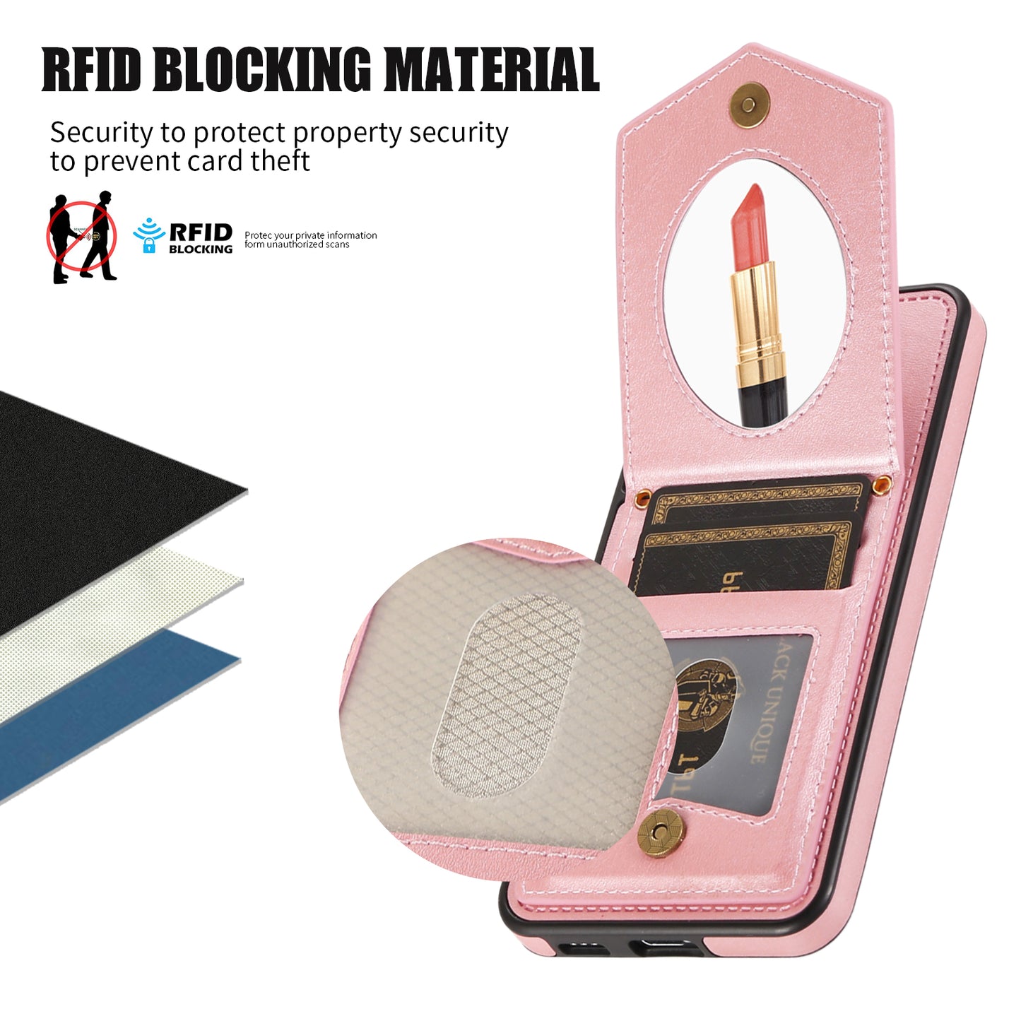 For Samsung Galaxy S24+ Phone Case RFID Blocking Hidden Mirror Cover with Shoulder Strap - Rose Gold