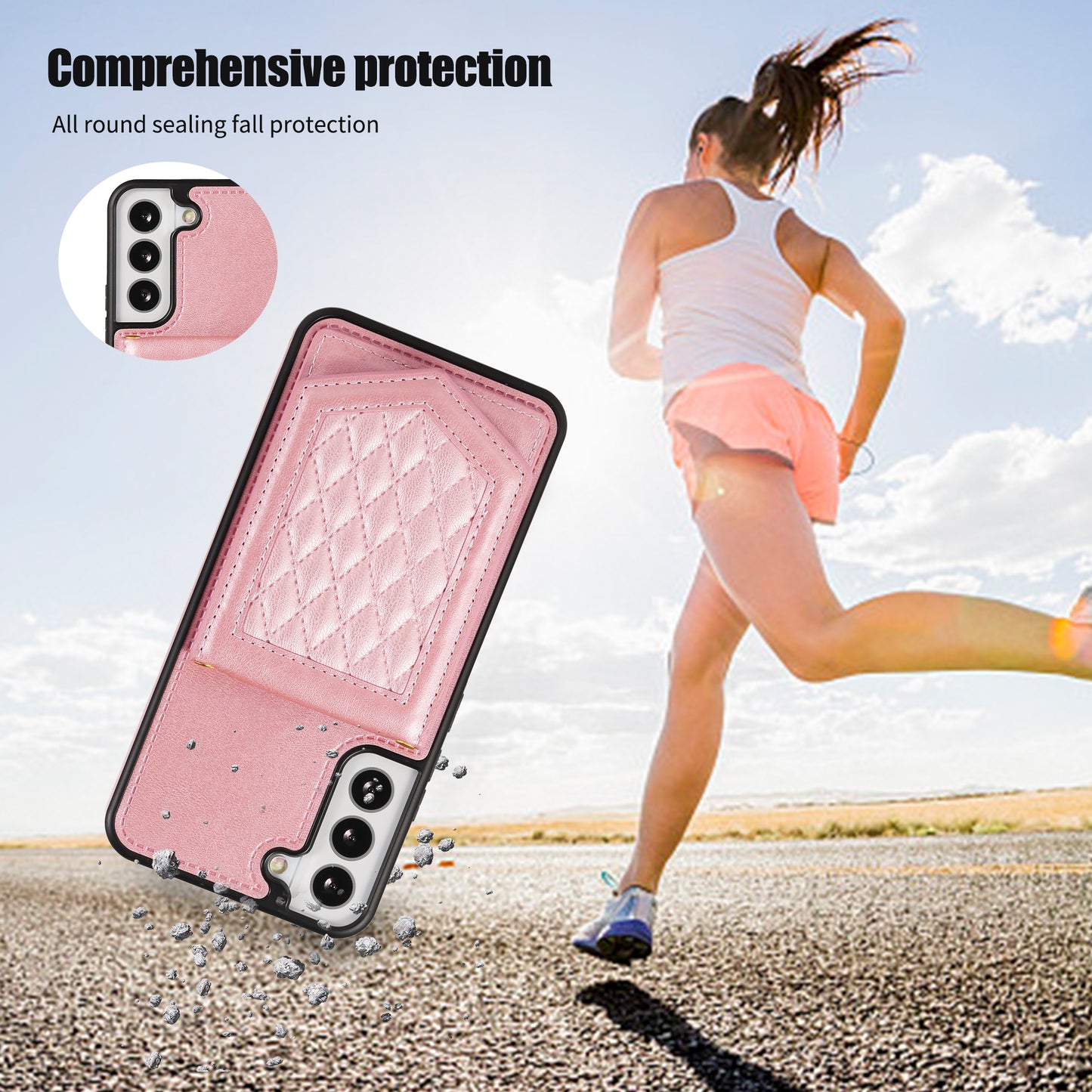 For Samsung Galaxy S24+ Phone Case RFID Blocking Hidden Mirror Cover with Shoulder Strap - Rose Gold