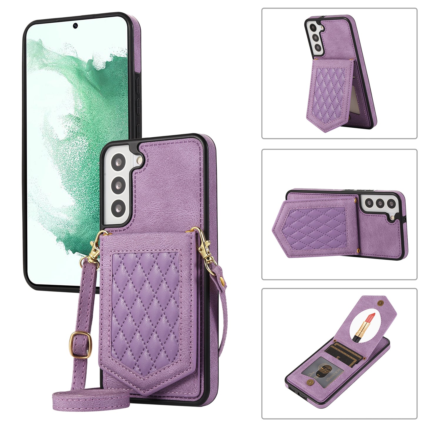 For Samsung Galaxy S24+ Phone Case RFID Blocking Hidden Mirror Cover with Shoulder Strap - Purple