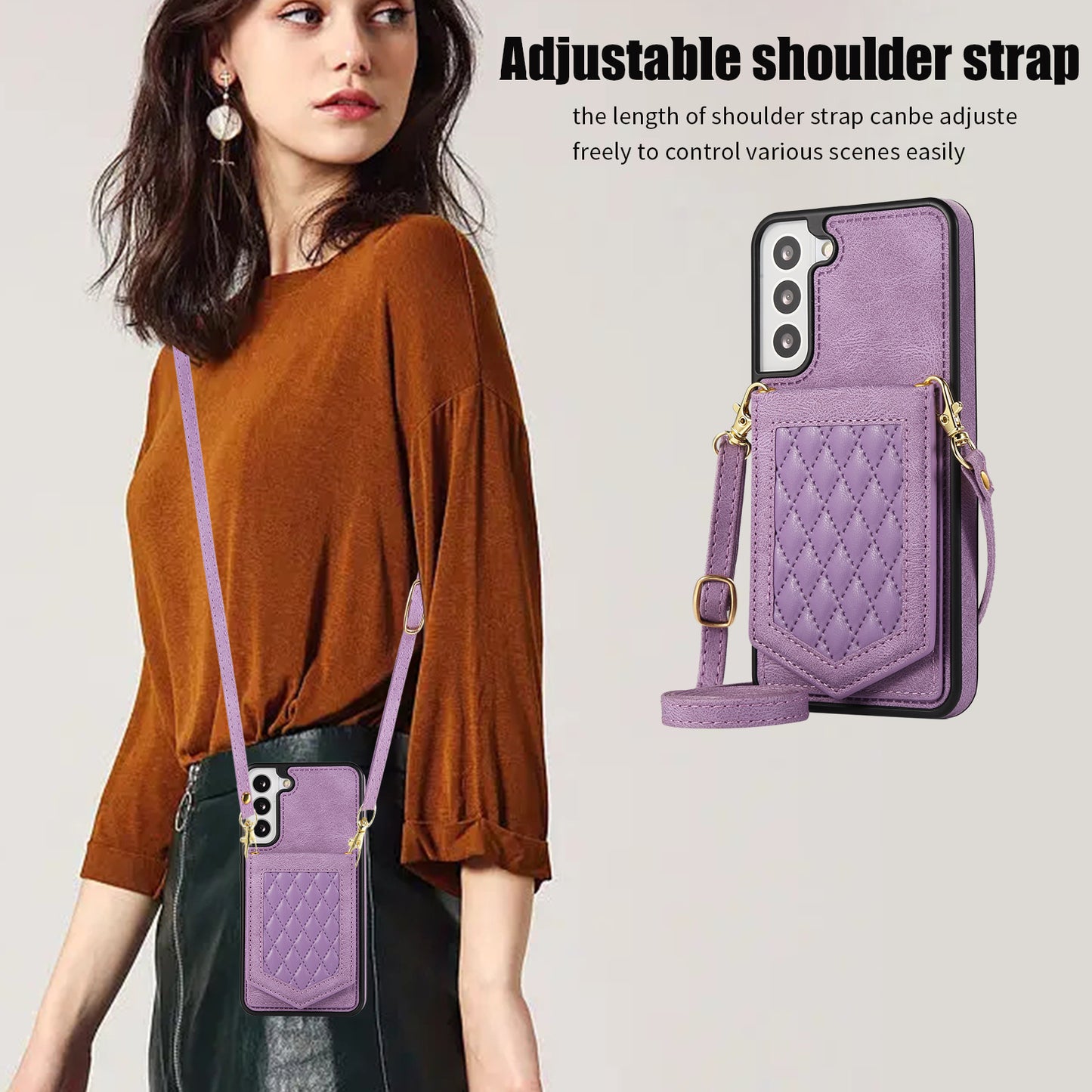 For Samsung Galaxy S24+ Phone Case RFID Blocking Hidden Mirror Cover with Shoulder Strap - Purple