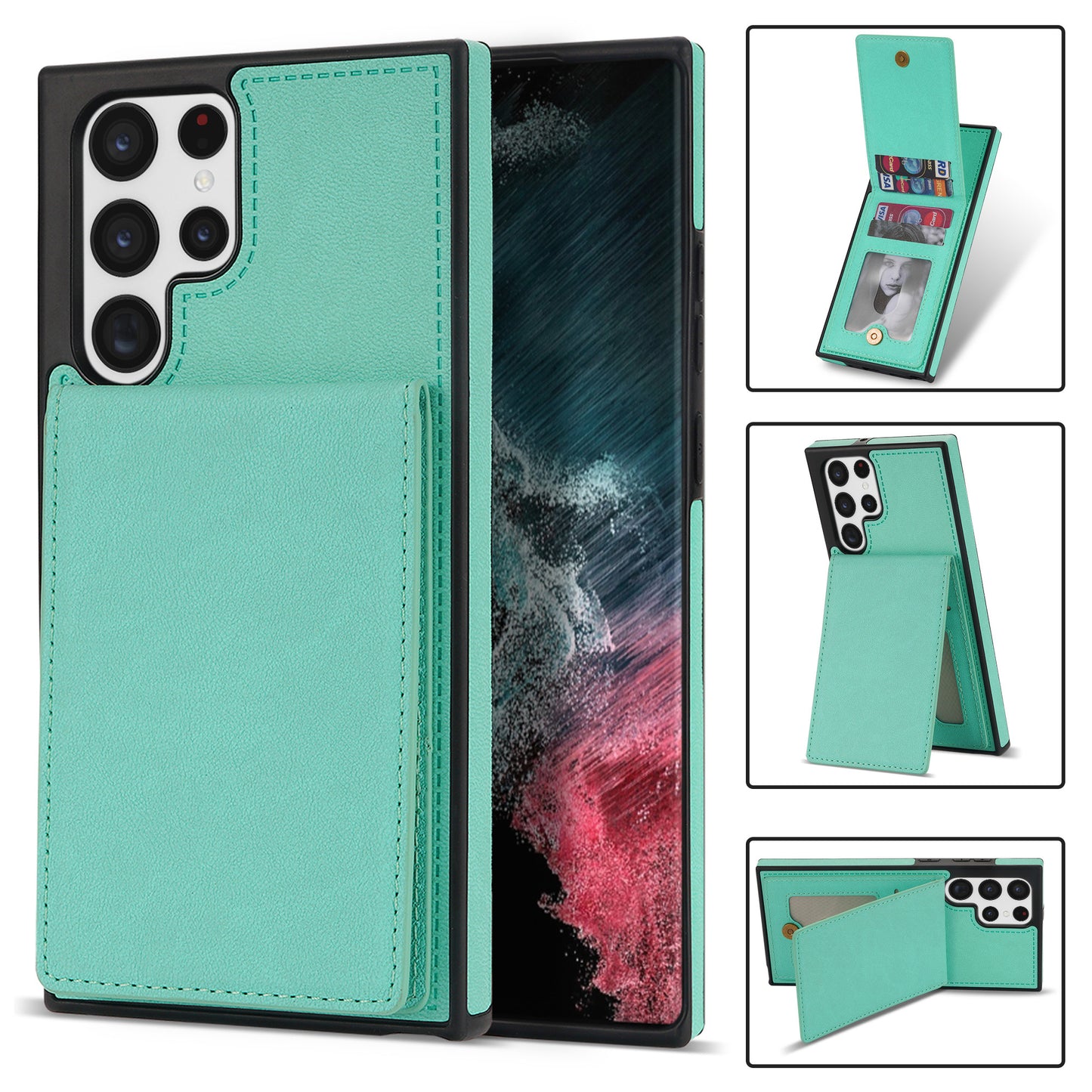 For Samsung Galaxy S24 Ultra RFID Blocking Phone Case Kickstand Cover with Card Holder - Fluorescent Green