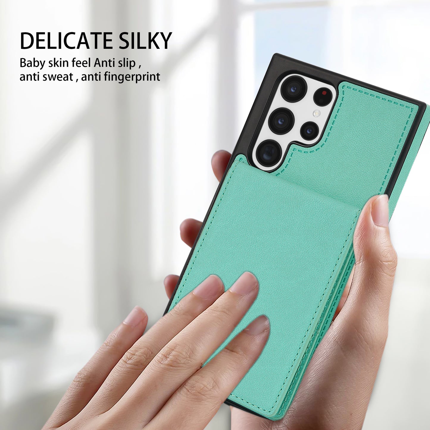 For Samsung Galaxy S24 Ultra RFID Blocking Phone Case Kickstand Cover with Card Holder - Fluorescent Green