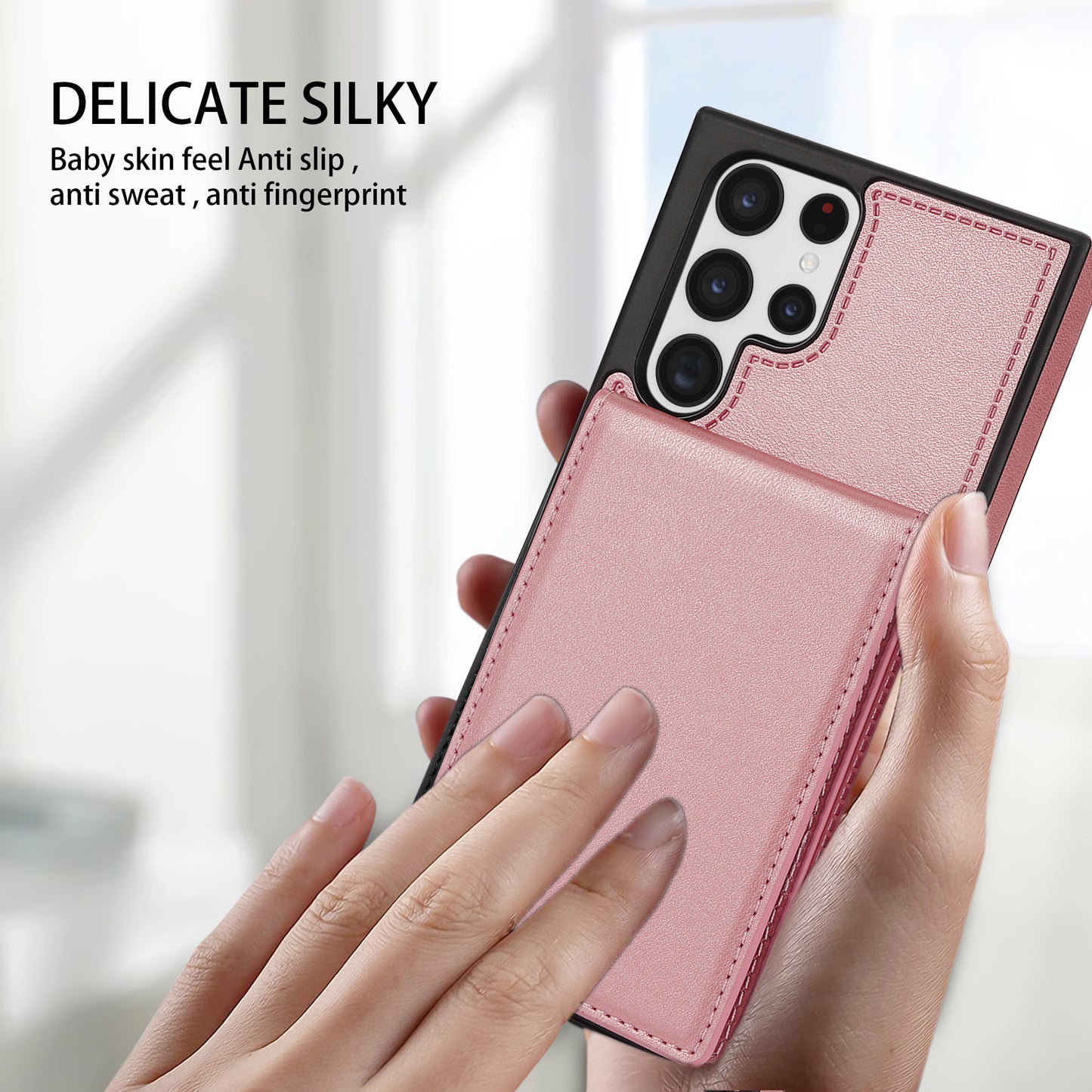 For Samsung Galaxy S24 Ultra RFID Blocking Phone Case Kickstand Cover with Card Holder - Rose Gold