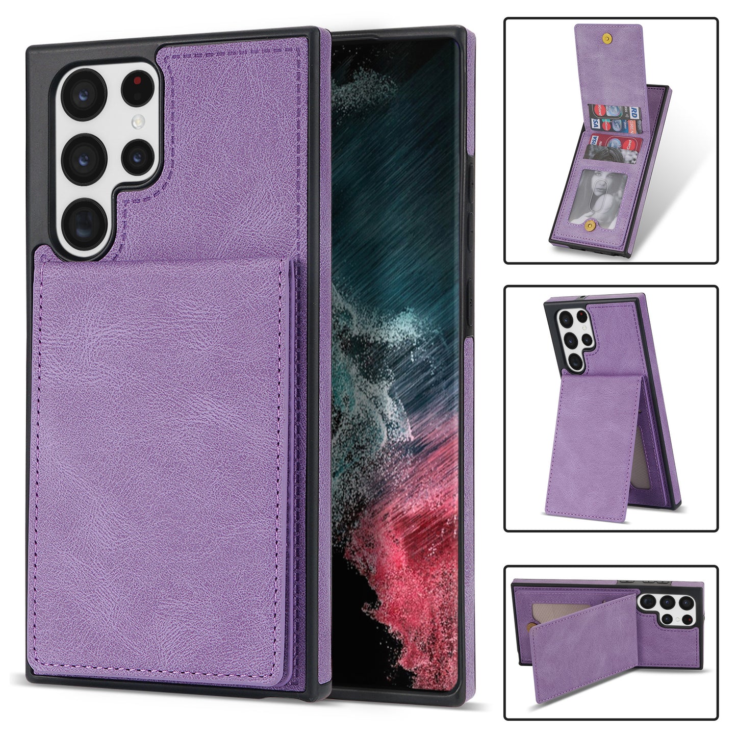 For Samsung Galaxy S24 Ultra RFID Blocking Phone Case Kickstand Cover with Card Holder - Purple