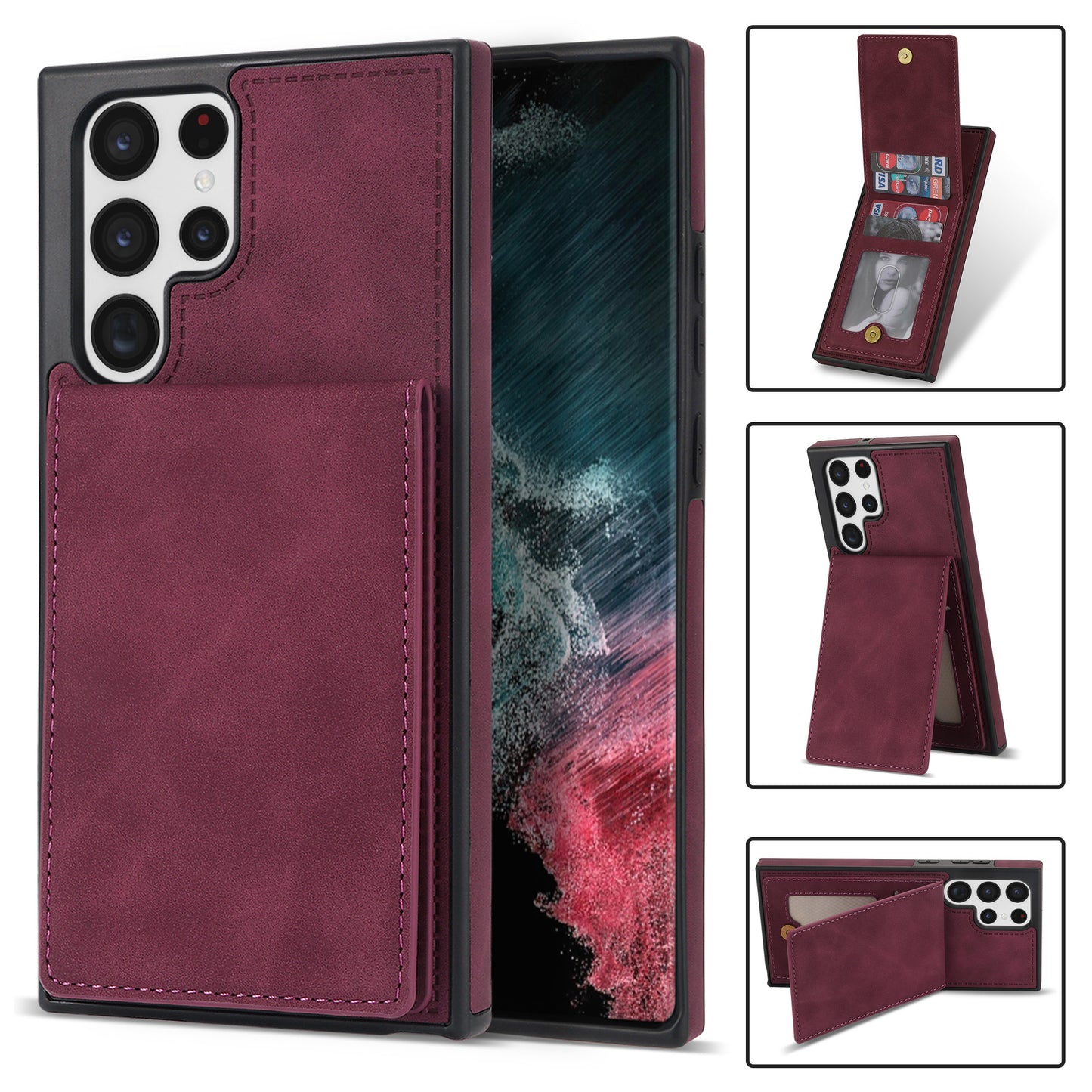 For Samsung Galaxy S24 Ultra RFID Blocking Phone Case Kickstand Cover with Card Holder - Wine Red