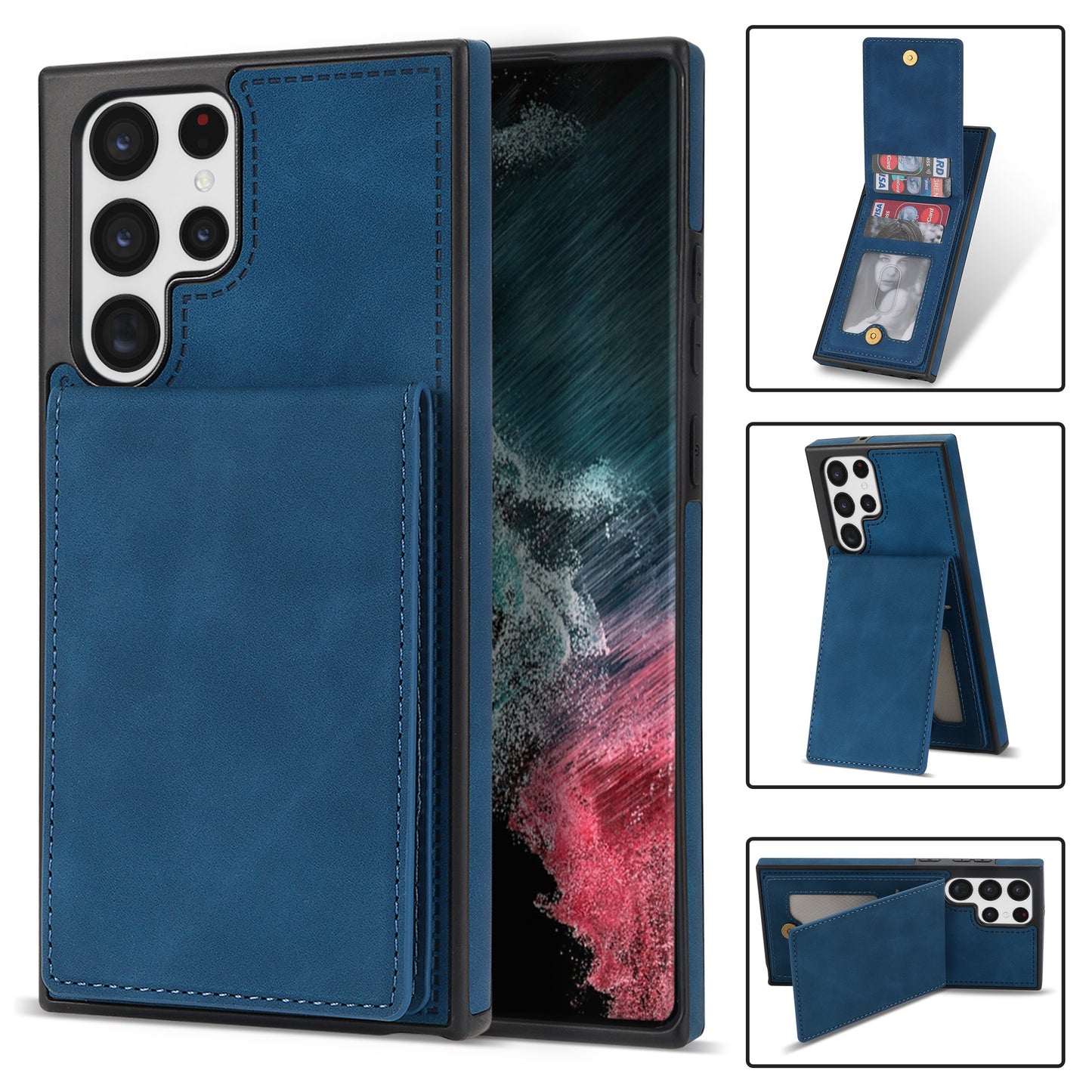 For Samsung Galaxy S24 Ultra RFID Blocking Phone Case Kickstand Cover with Card Holder - Blue