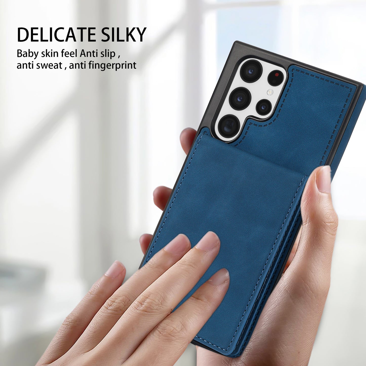 For Samsung Galaxy S24 Ultra RFID Blocking Phone Case Kickstand Cover with Card Holder - Blue