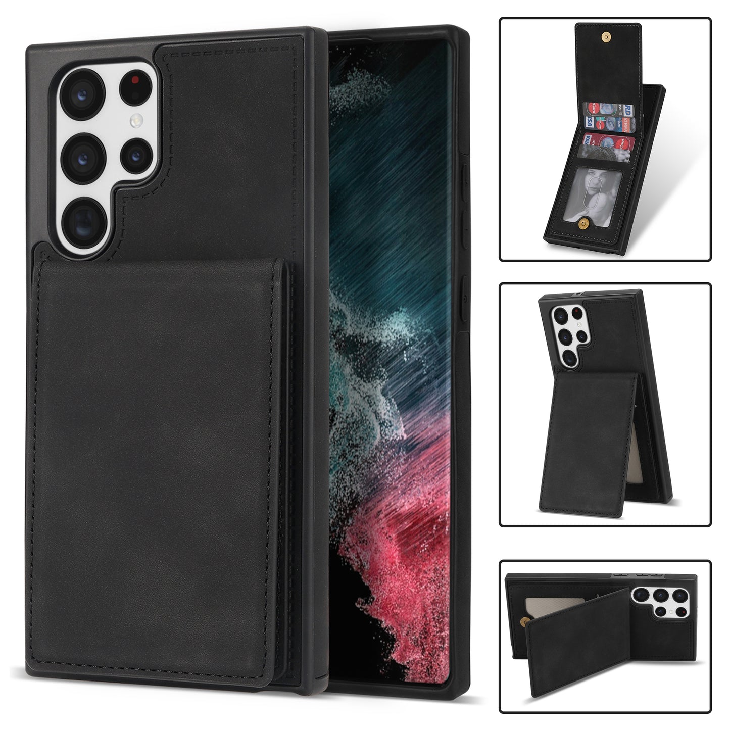 For Samsung Galaxy S24 Ultra RFID Blocking Phone Case Kickstand Cover with Card Holder - Black