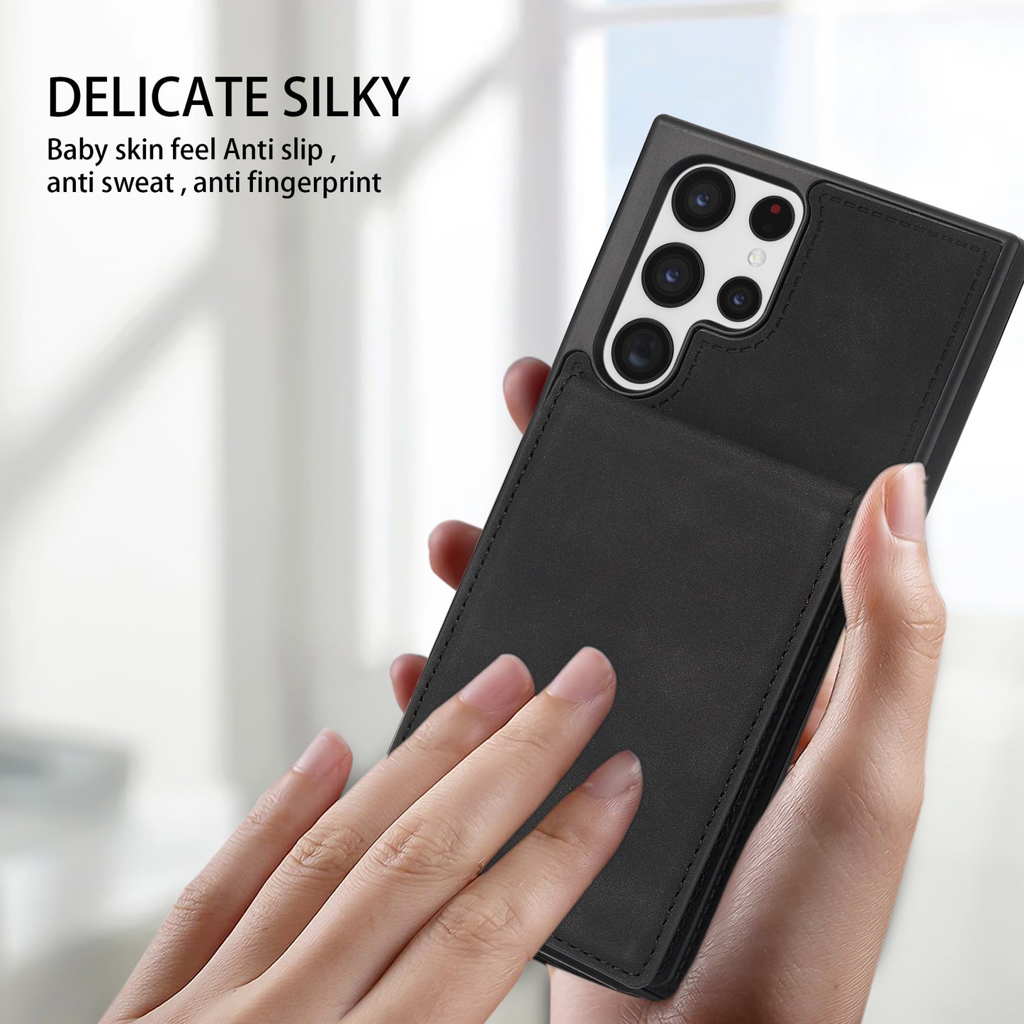 For Samsung Galaxy S24 Ultra RFID Blocking Phone Case Kickstand Cover with Card Holder - Black