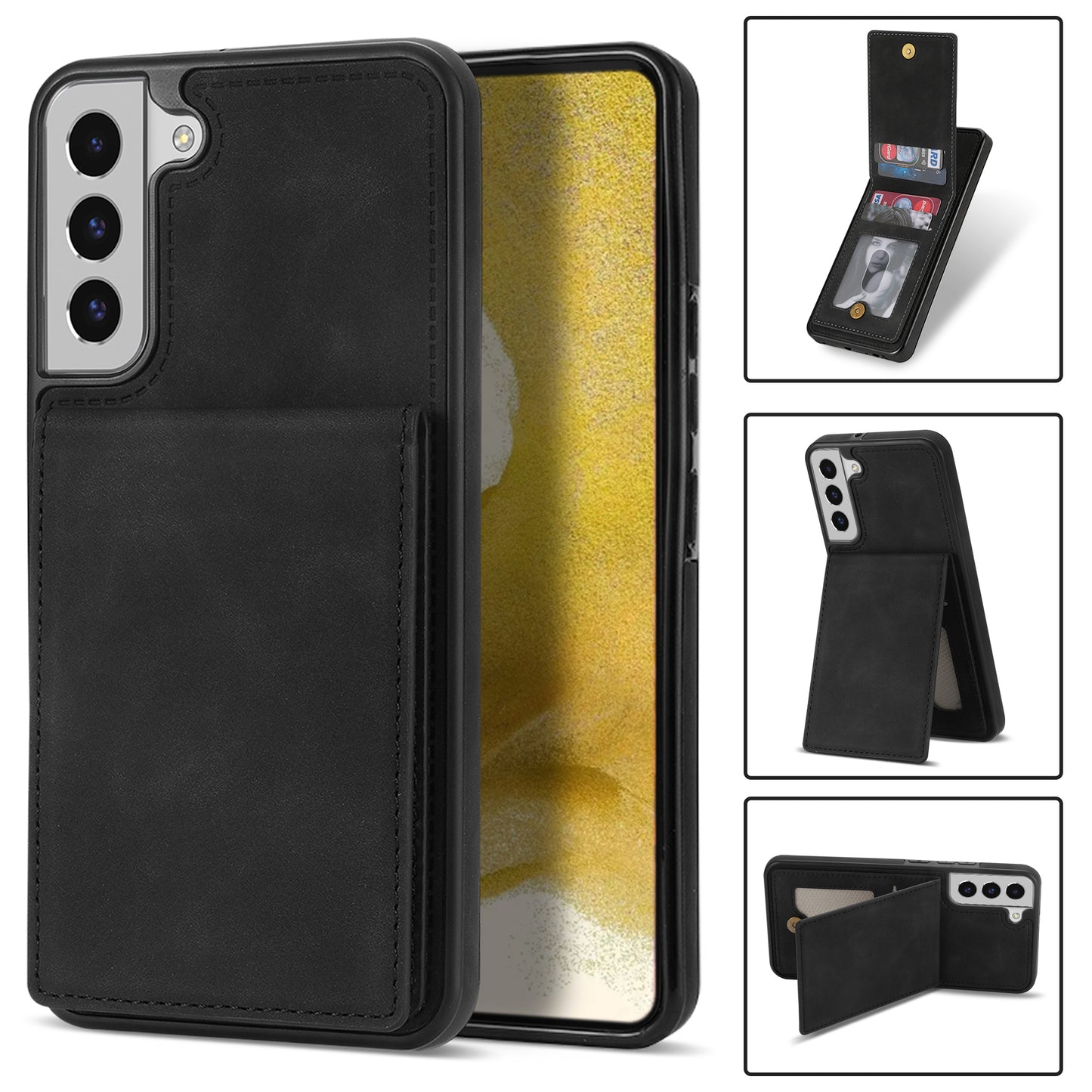 For Samsung Galaxy S24+ Solid Color Phone Case PU Leather Card Holder Cover - Black