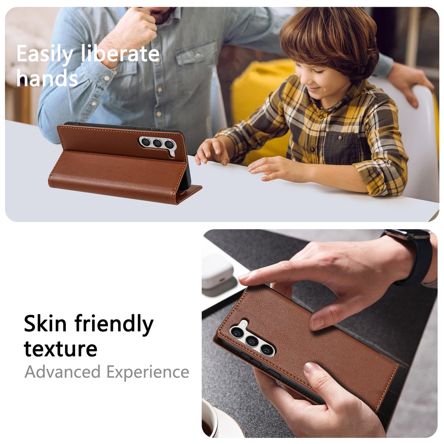BKS-001 For Samsung Galaxy S24 Magnetic Case Anti-fall Leather Stand Card Slot Phone Cover - Brown