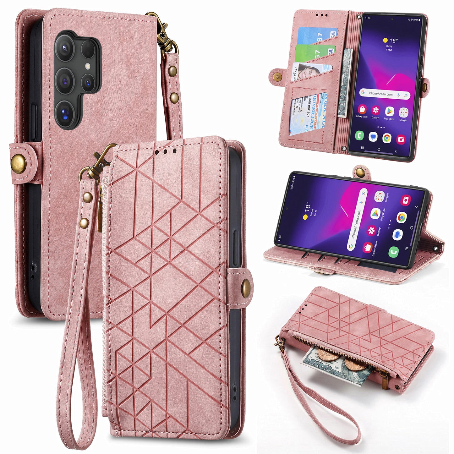 For Samsung Galaxy S24 Ultra Case Geometry Imprinted Wallet Leather Cover - Pink