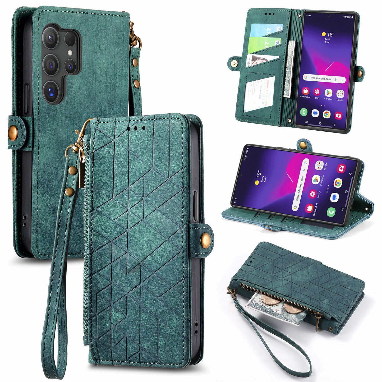 For Samsung Galaxy S24 Ultra Case Geometry Imprinted Wallet Leather Cover - Green