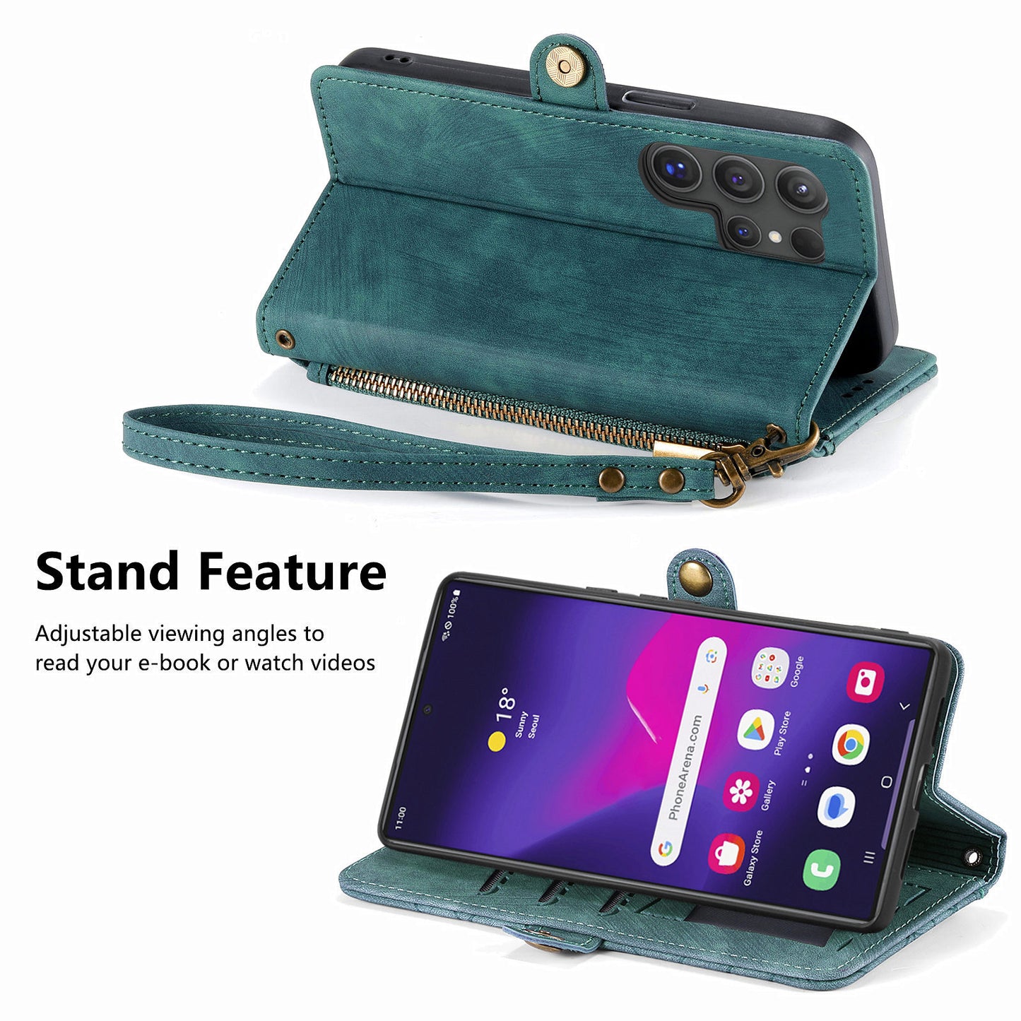 For Samsung Galaxy S24 Ultra Case Geometry Imprinted Wallet Leather Cover - Green