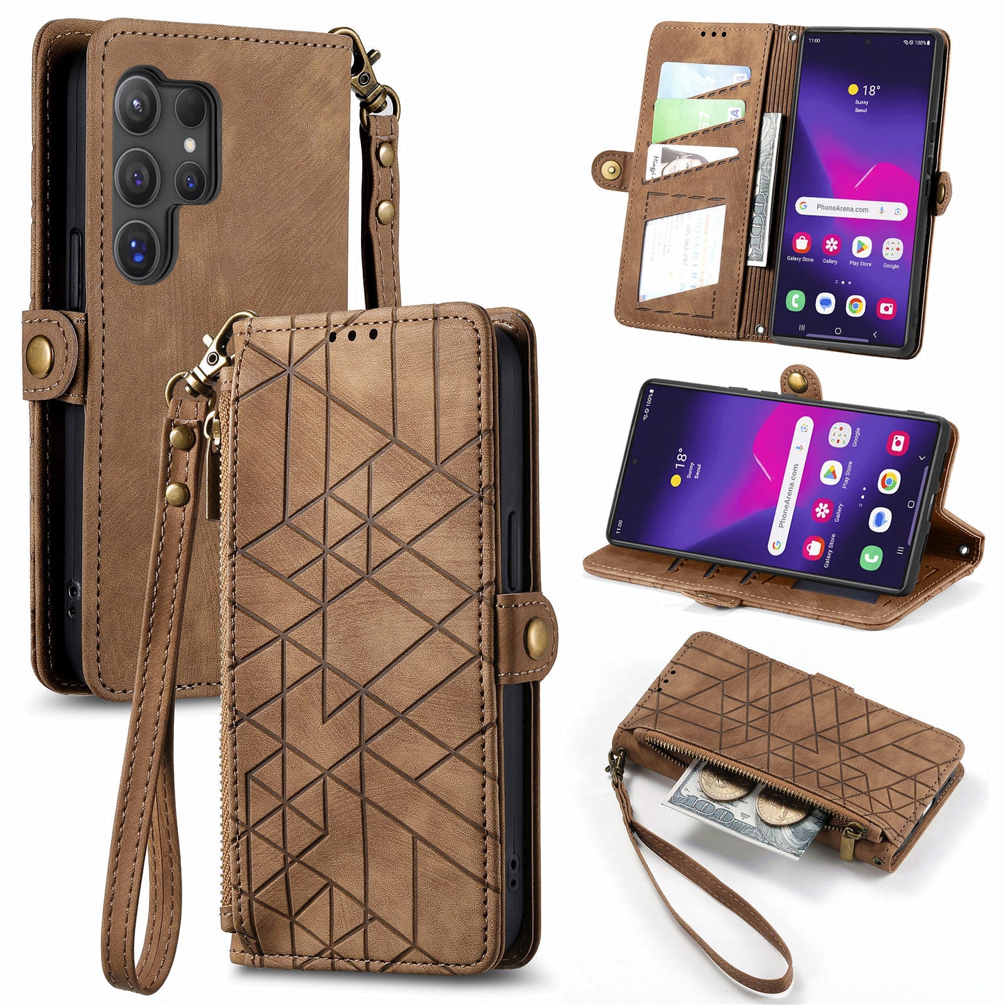 For Samsung Galaxy S24 Ultra Case Geometry Imprinted Wallet Leather Cover - Brown