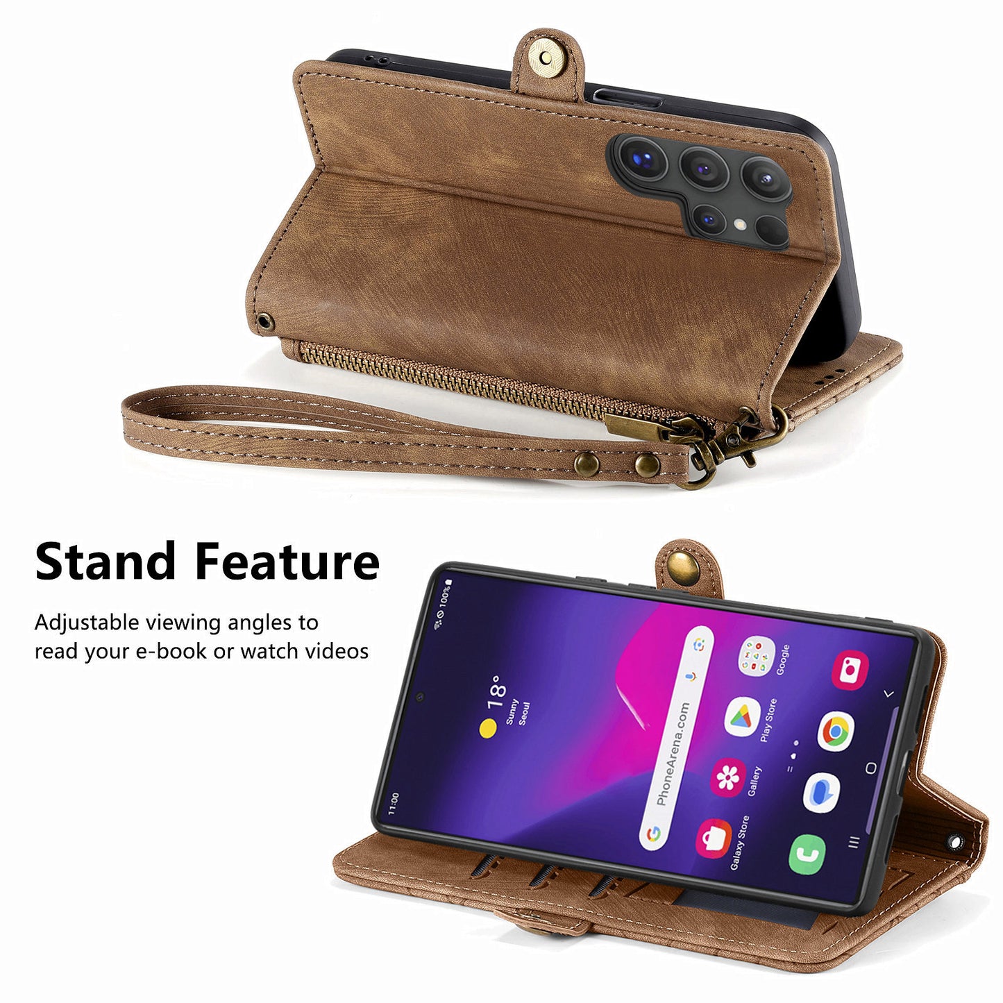 For Samsung Galaxy S24 Ultra Case Geometry Imprinted Wallet Leather Cover - Brown