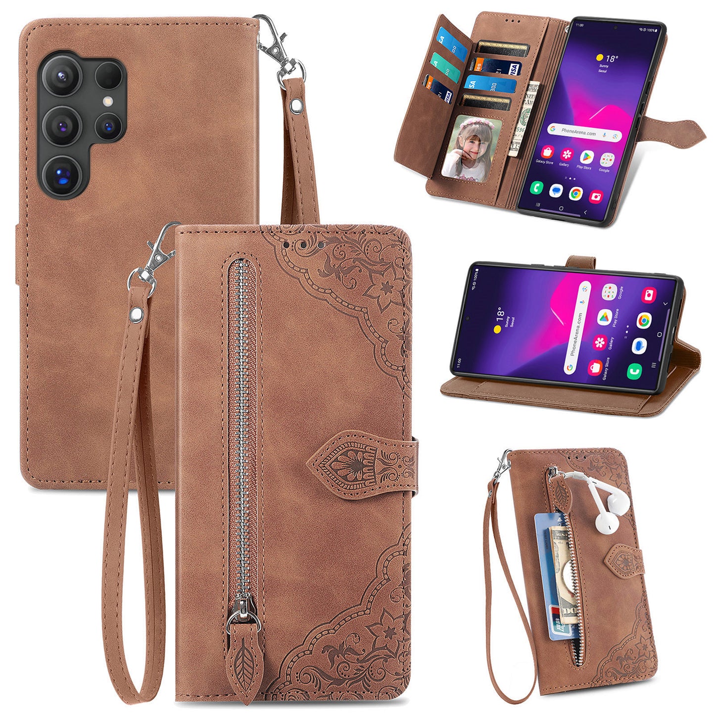 For Samsung Galaxy S24 Ultra Case Zipper Pocket Flower Imprinted Leather Cover - Brown