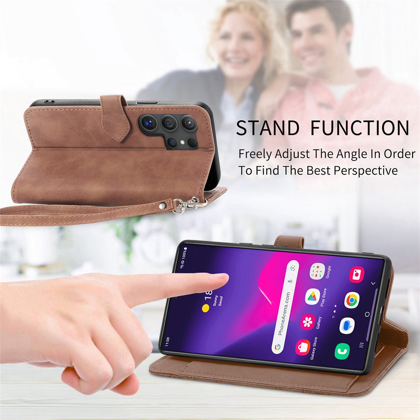 For Samsung Galaxy S24 Ultra Case Zipper Pocket Flower Imprinted Leather Cover - Brown