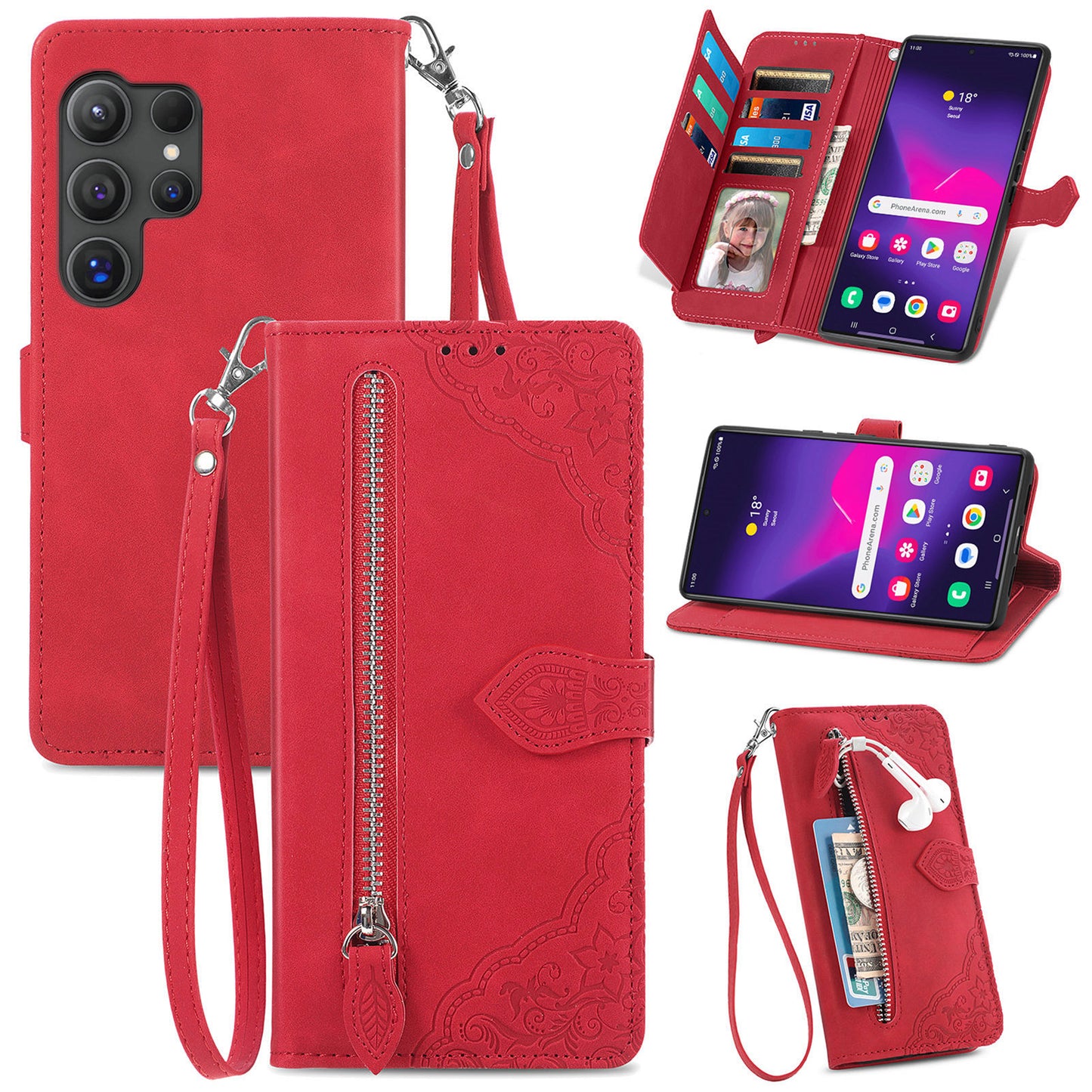 For Samsung Galaxy S24 Ultra Case Zipper Pocket Flower Imprinted Leather Cover - Red
