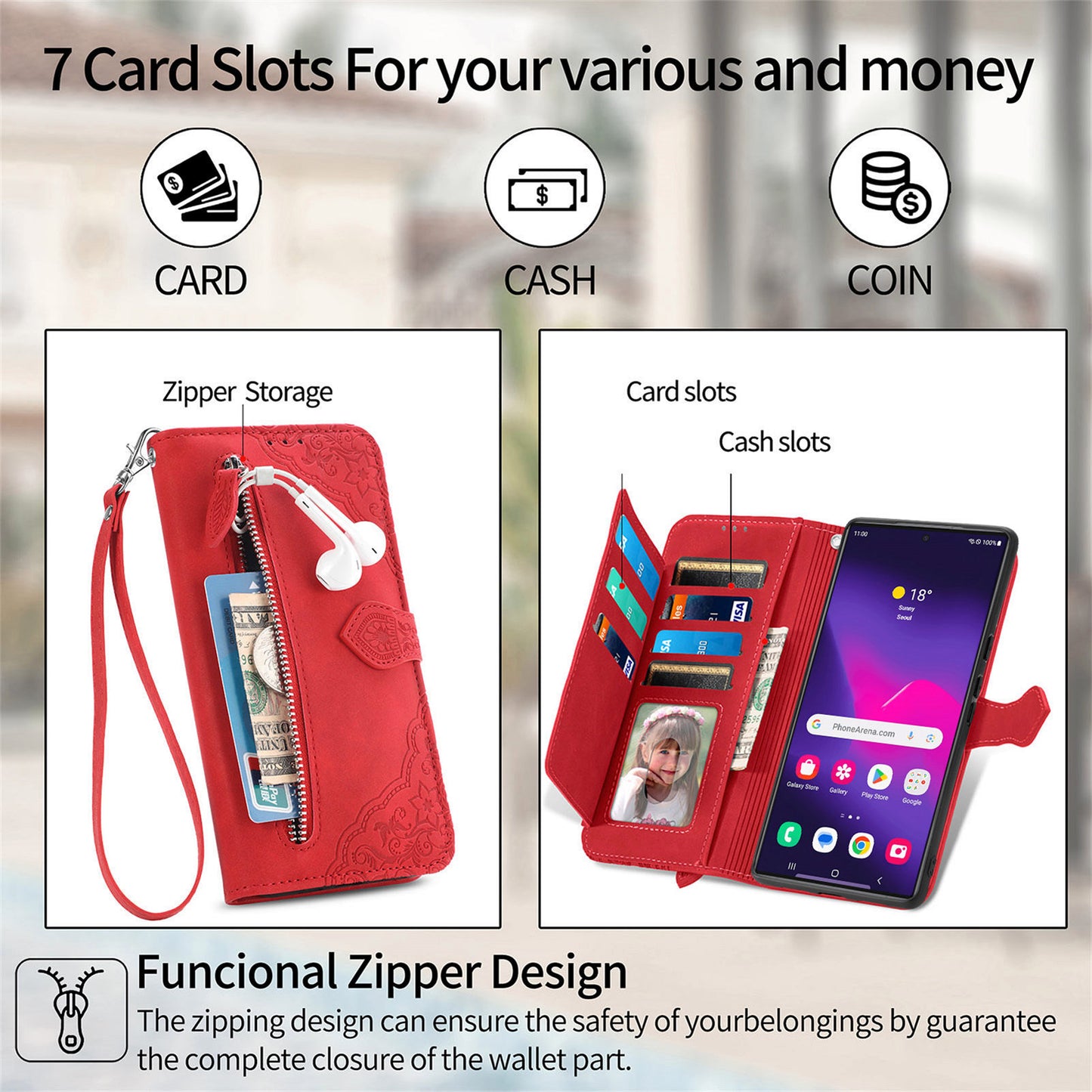 For Samsung Galaxy S24 Ultra Case Zipper Pocket Flower Imprinted Leather Cover - Red