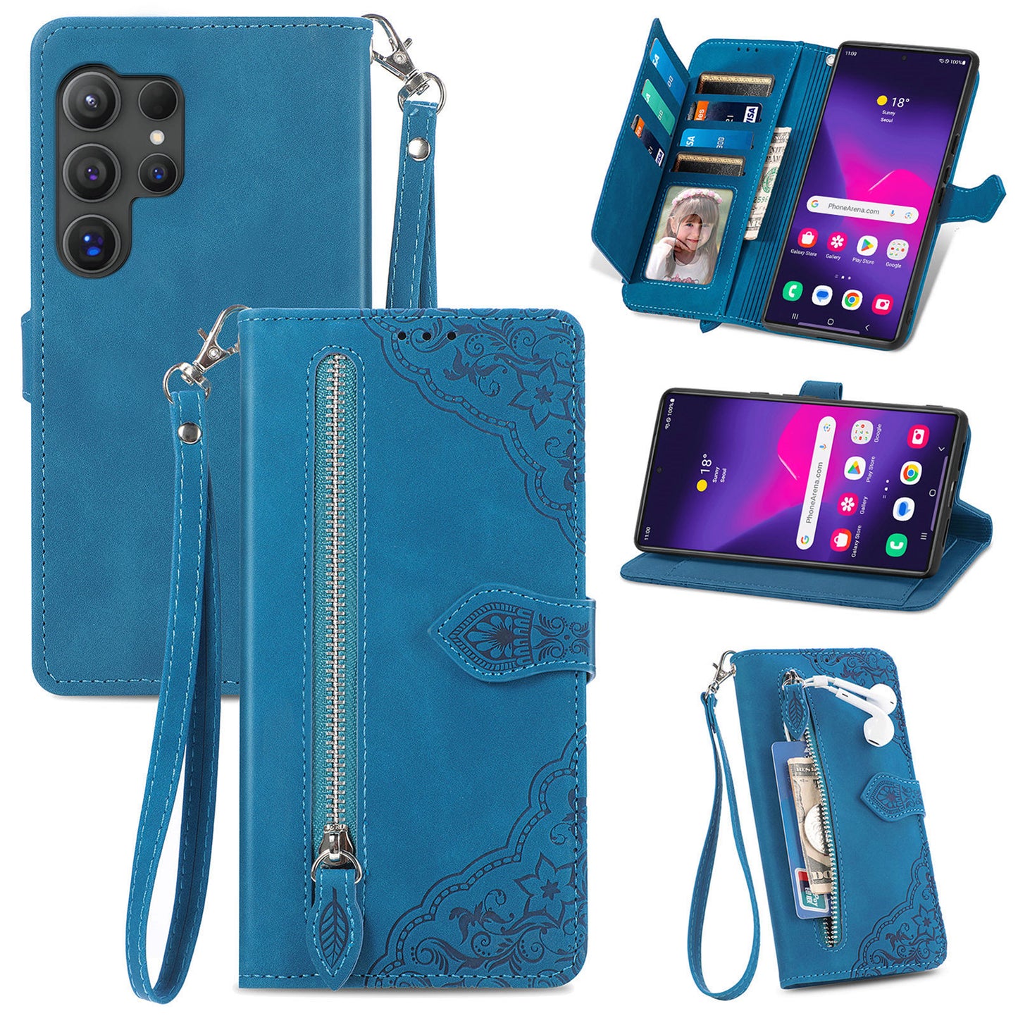 For Samsung Galaxy S24 Ultra Case Zipper Pocket Flower Imprinted Leather Cover - Blue