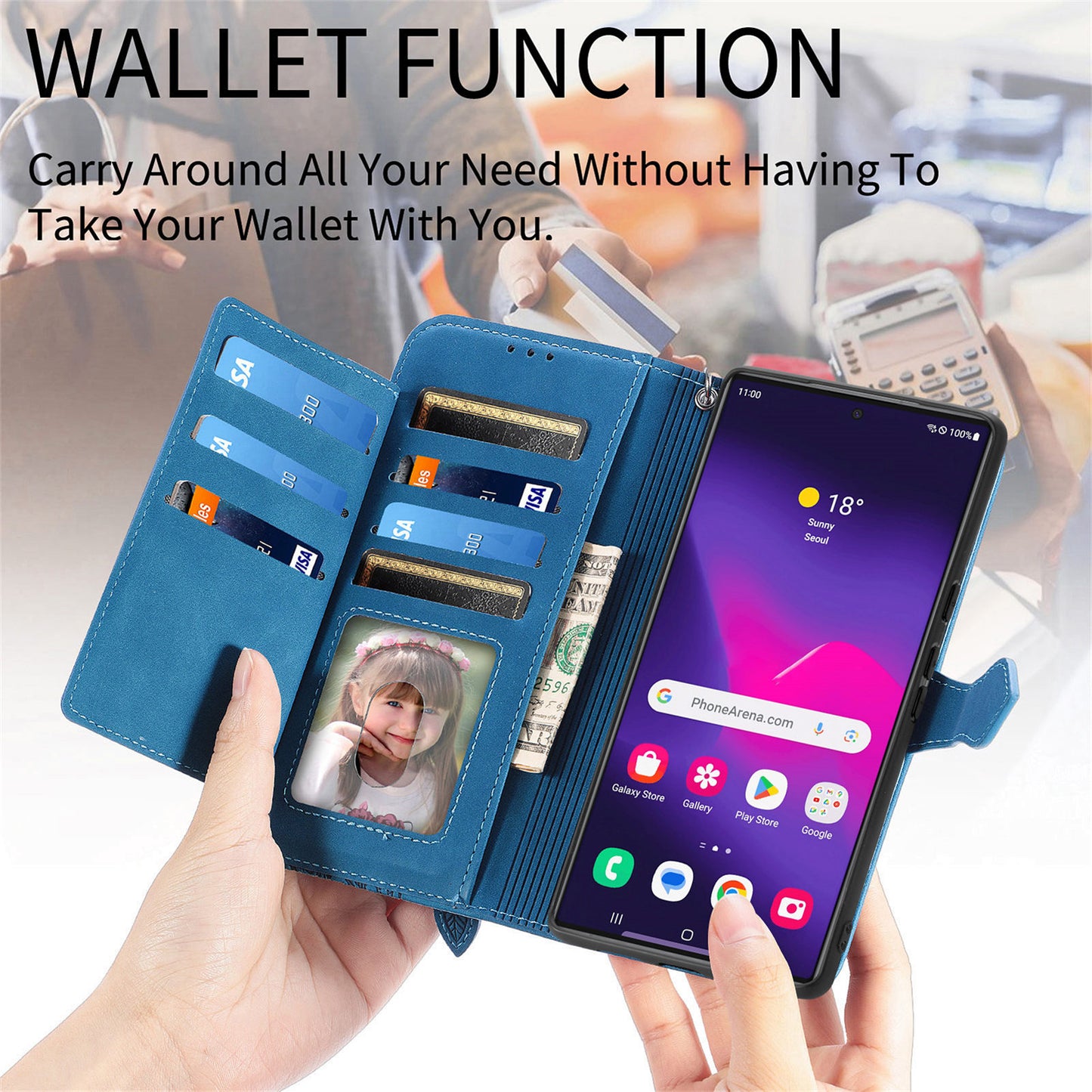 For Samsung Galaxy S24 Ultra Case Zipper Pocket Flower Imprinted Leather Cover - Blue