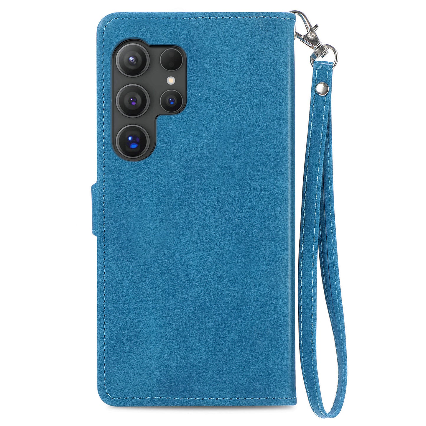 For Samsung Galaxy S24 Ultra Case Zipper Pocket Flower Imprinted Leather Cover - Blue