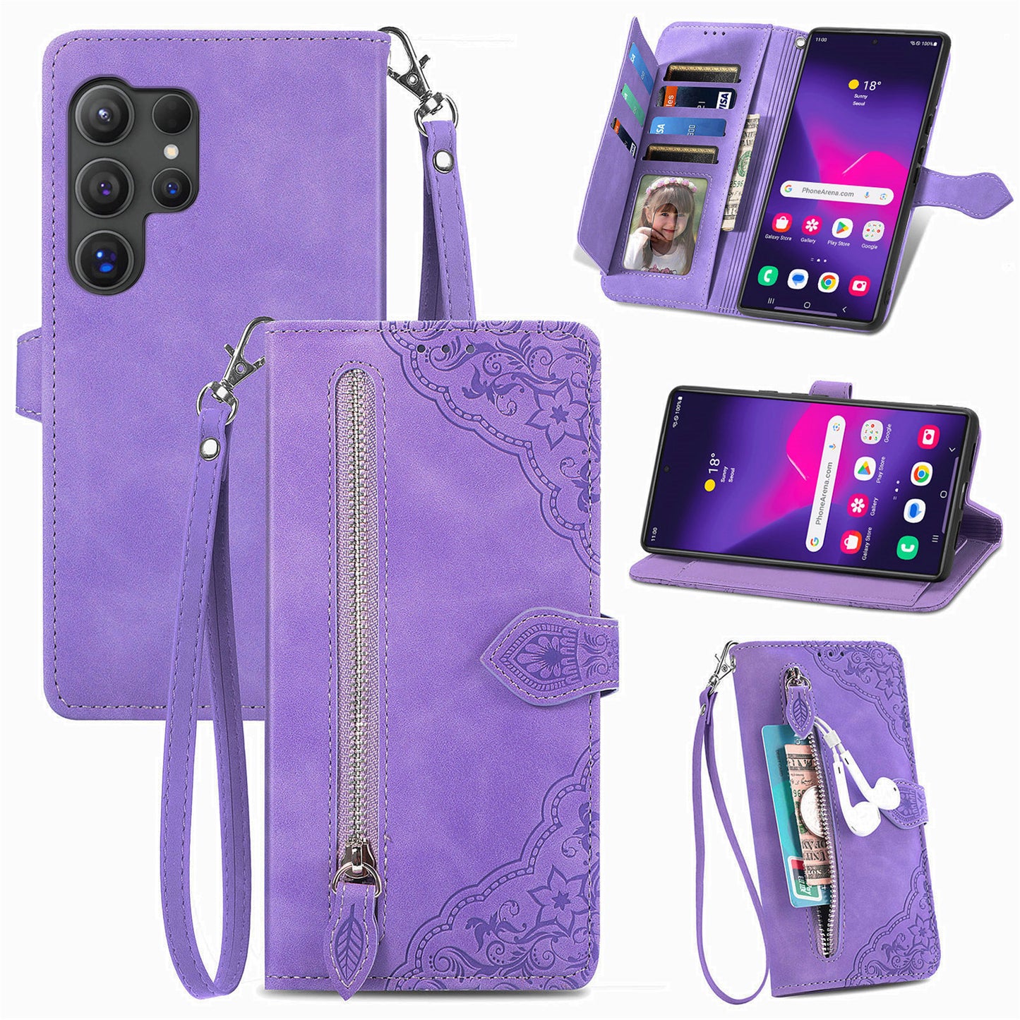 For Samsung Galaxy S24 Ultra Case Zipper Pocket Flower Imprinted Leather Cover - Light Purple