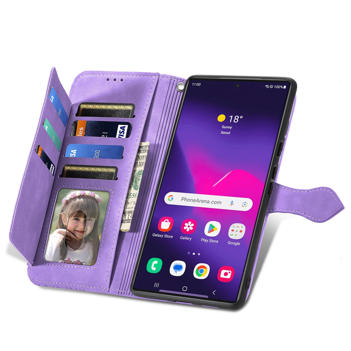For Samsung Galaxy S24 Ultra Case Zipper Pocket Flower Imprinted Leather Cover - Light Purple