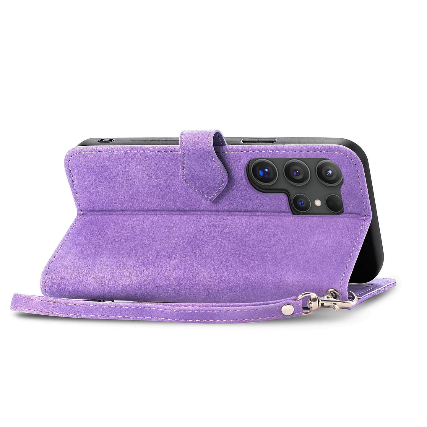 For Samsung Galaxy S24 Ultra Case Zipper Pocket Flower Imprinted Leather Cover - Light Purple
