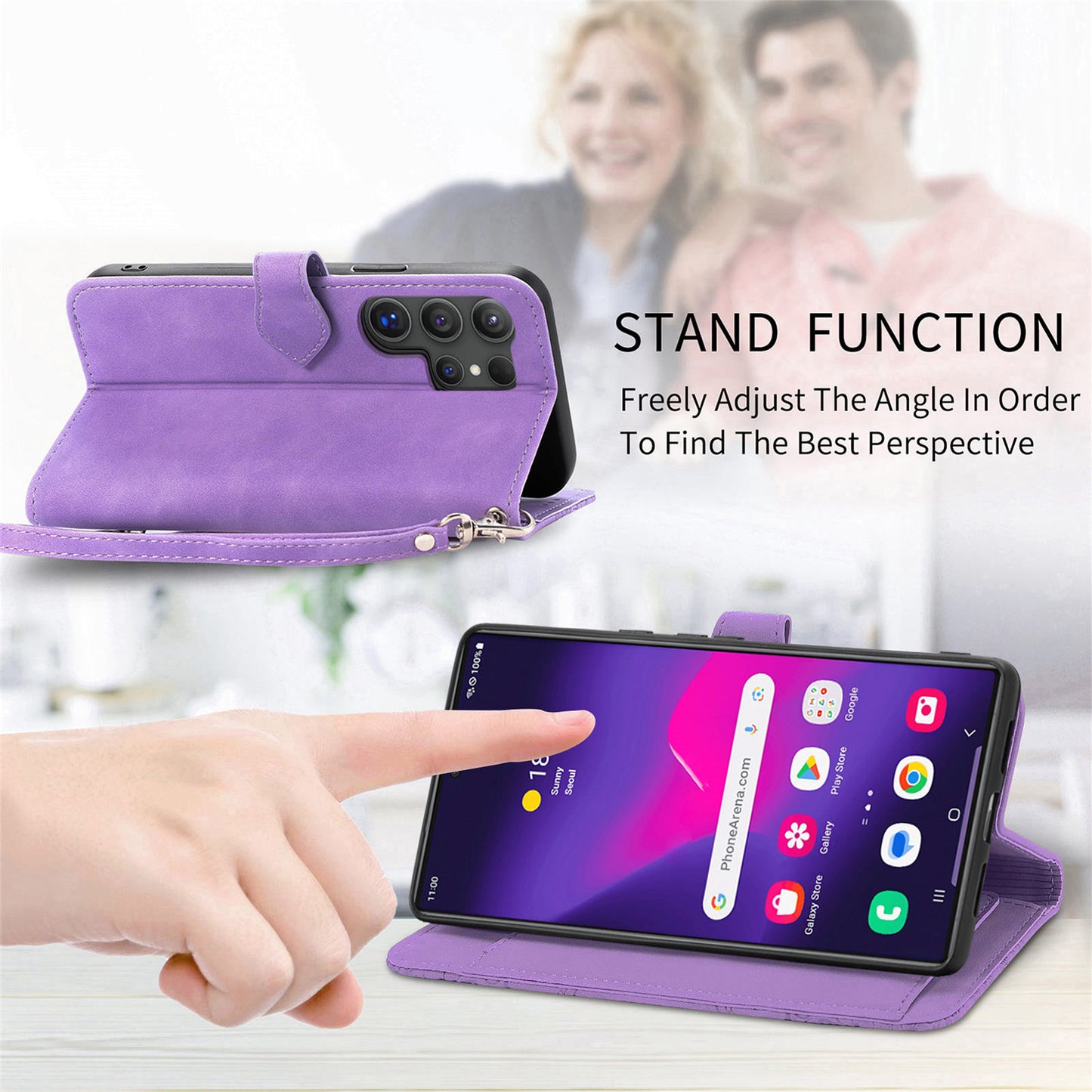 For Samsung Galaxy S24 Ultra Case Zipper Pocket Flower Imprinted Leather Cover - Light Purple