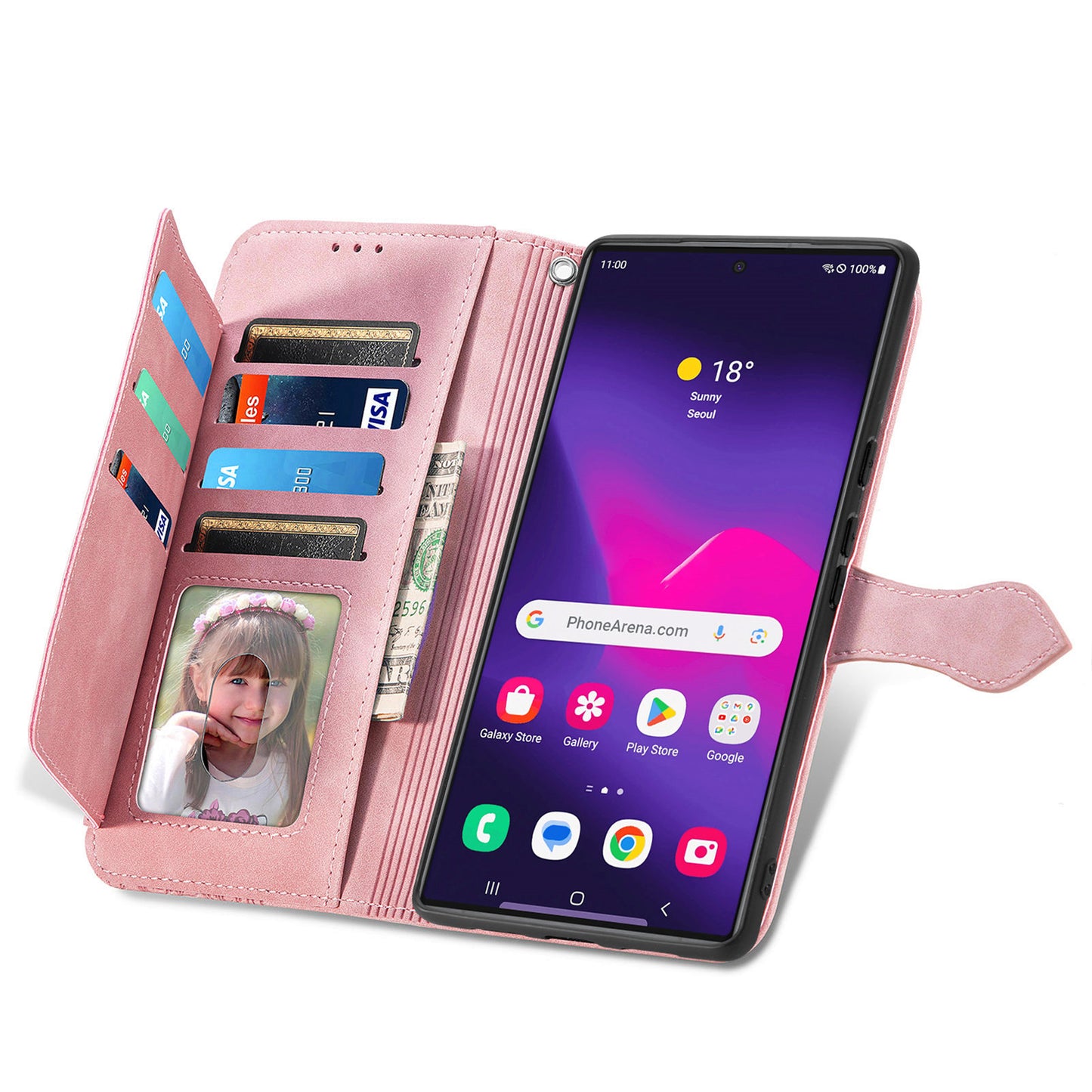 For Samsung Galaxy S24 Ultra Case Zipper Pocket Flower Imprinted Leather Cover - Pink
