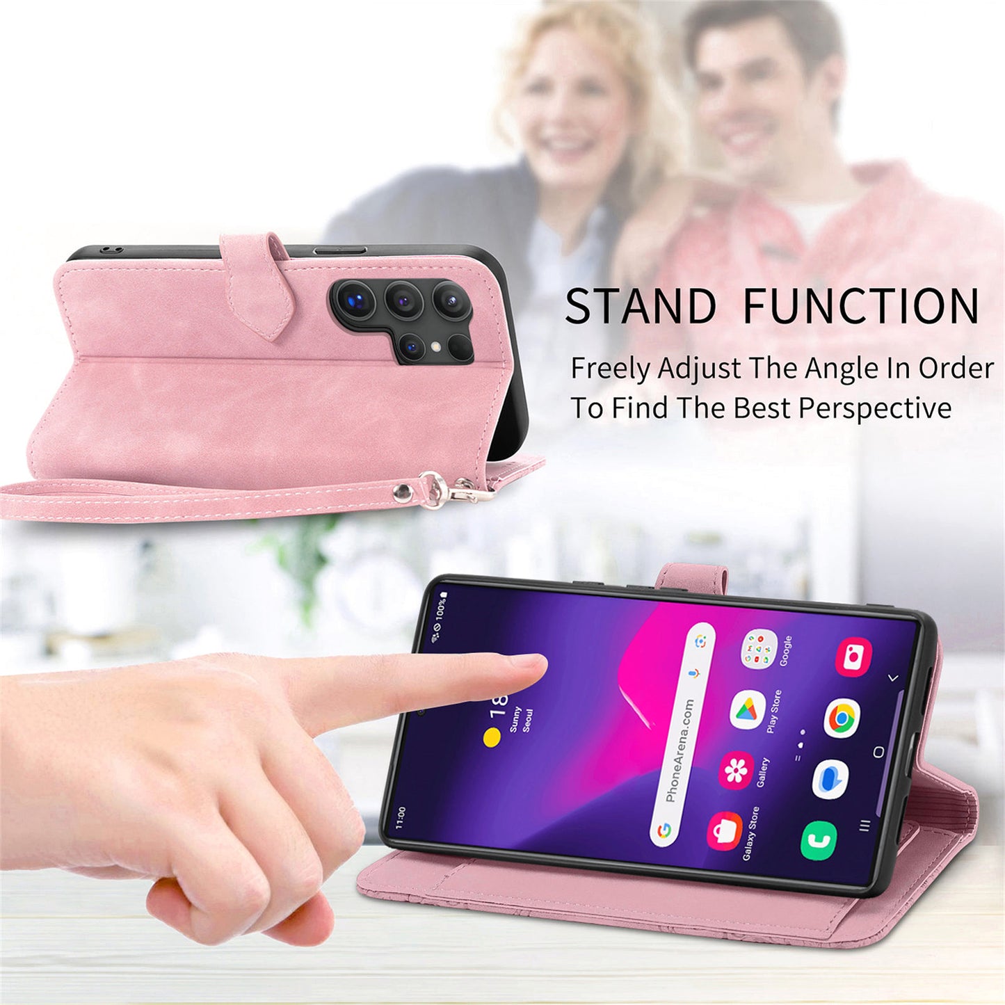 For Samsung Galaxy S24 Ultra Case Zipper Pocket Flower Imprinted Leather Cover - Pink
