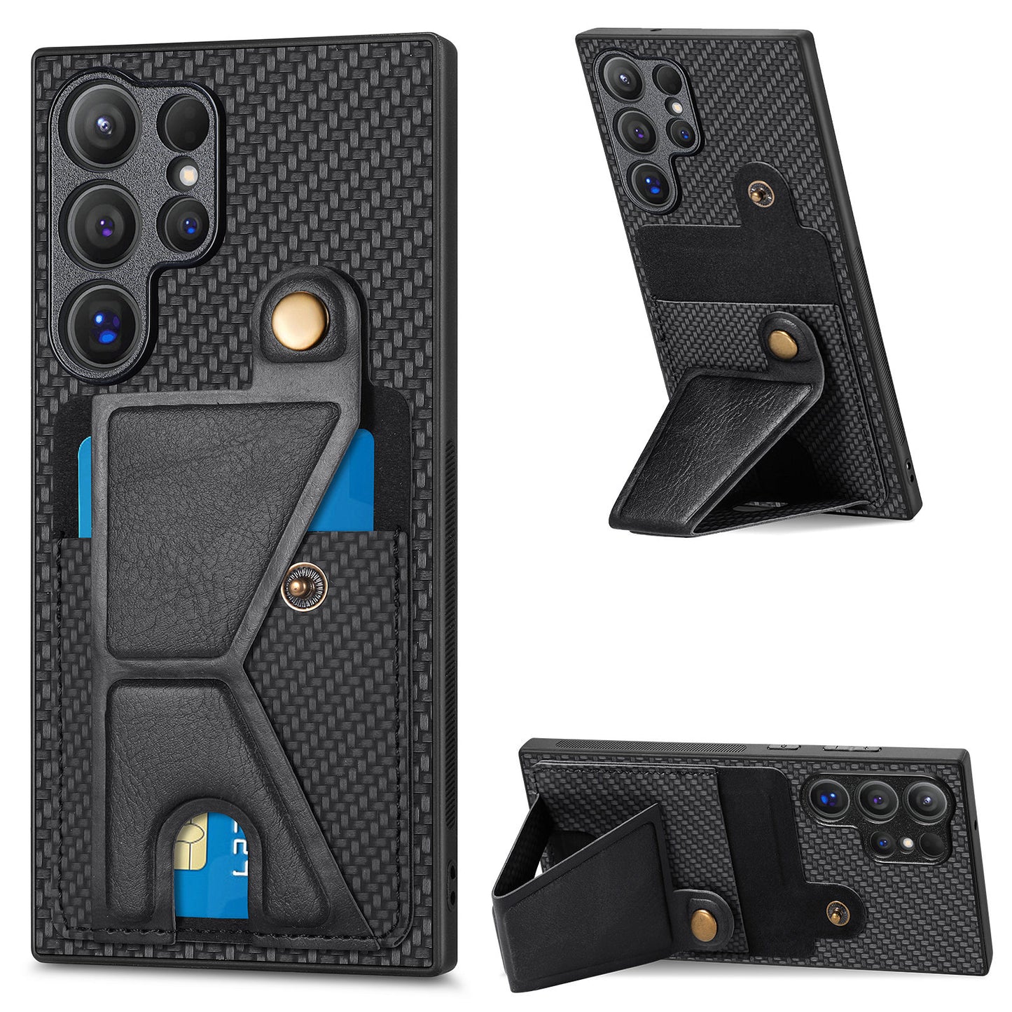 For Samsung Galaxy S24 Ultra Case K-shaped Kickstand Card Holder Phone Cover - Black