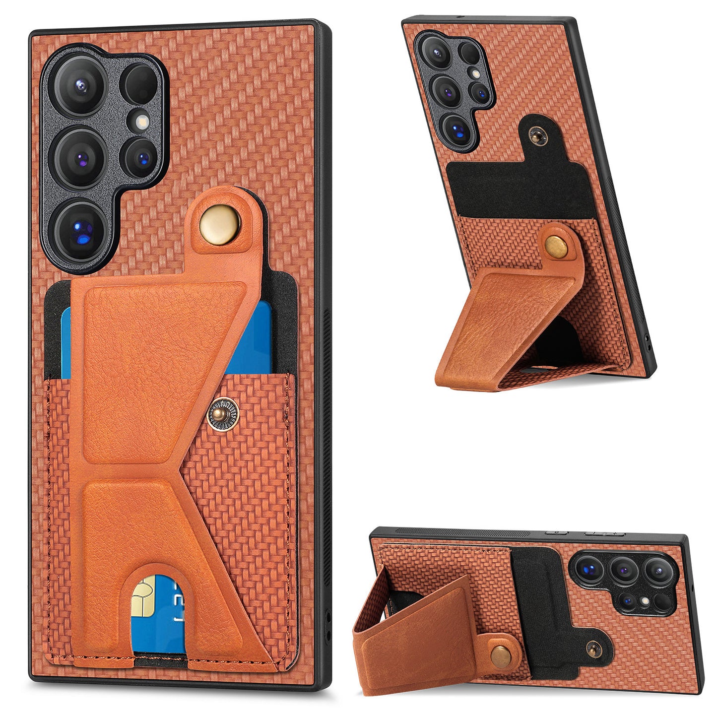 For Samsung Galaxy S24 Ultra Case K-shaped Kickstand Card Holder Phone Cover - Brown