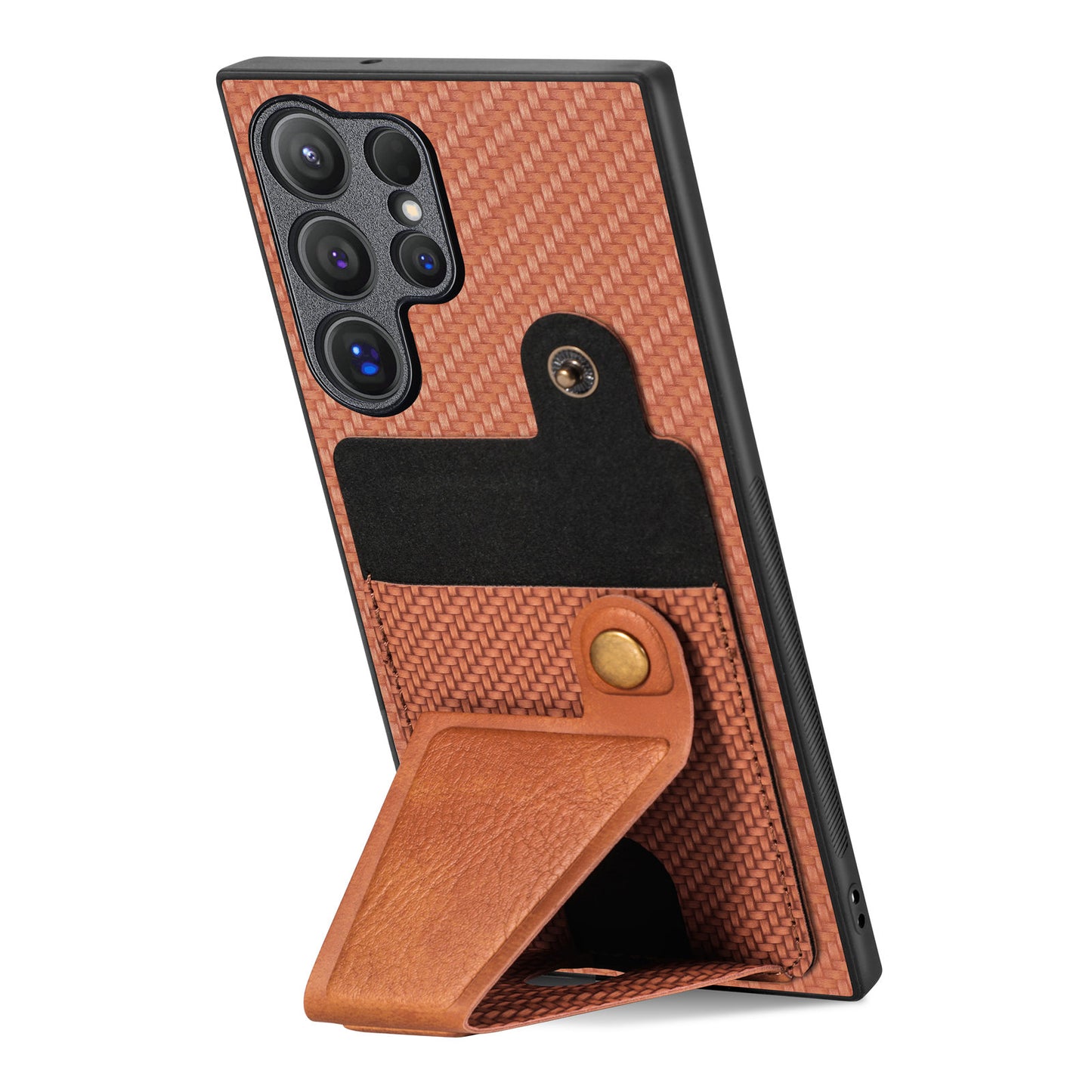 For Samsung Galaxy S24 Ultra Case K-shaped Kickstand Card Holder Phone Cover - Brown