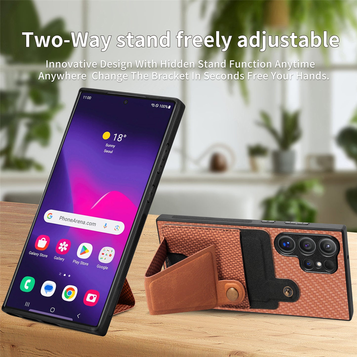 For Samsung Galaxy S24 Ultra Case K-shaped Kickstand Card Holder Phone Cover - Brown