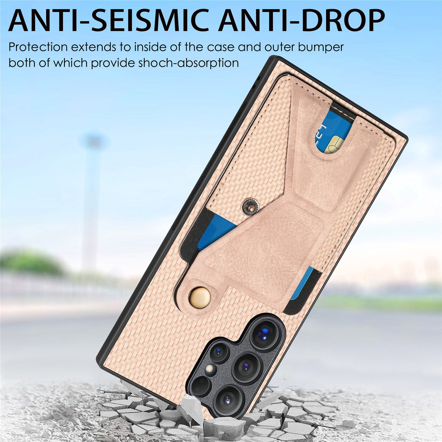 For Samsung Galaxy S24 Ultra Case K-shaped Kickstand Card Holder Phone Cover - Yellow