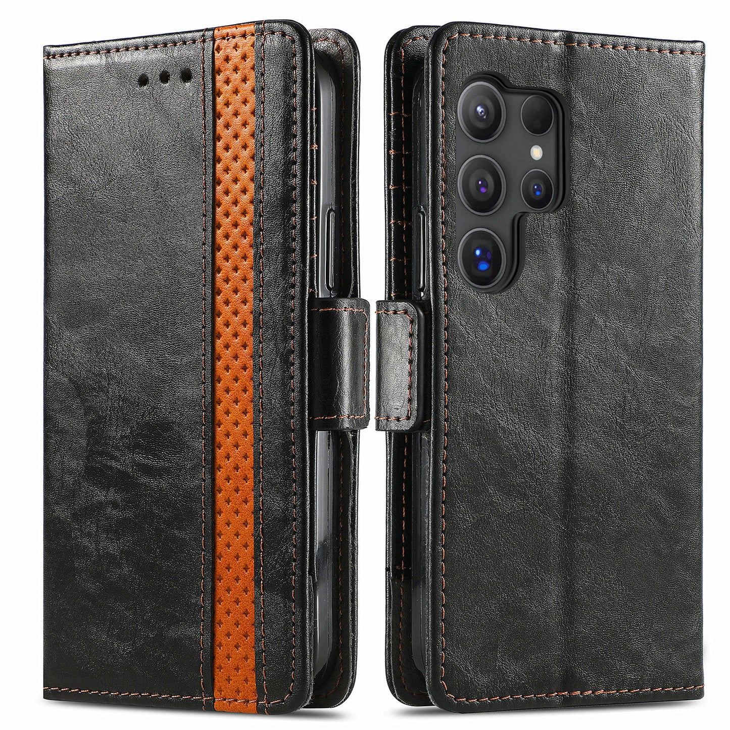 CASENEO 002 Series For Samsung Galaxy S24 Ultra Case RFID Blocking Wallet Splicing Leather Cover - Black