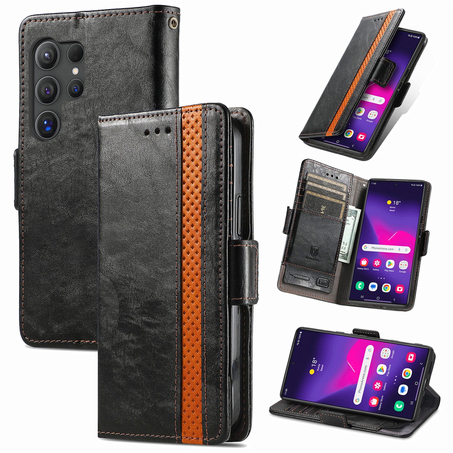 CASENEO 002 Series For Samsung Galaxy S24 Ultra Case RFID Blocking Wallet Splicing Leather Cover - Black