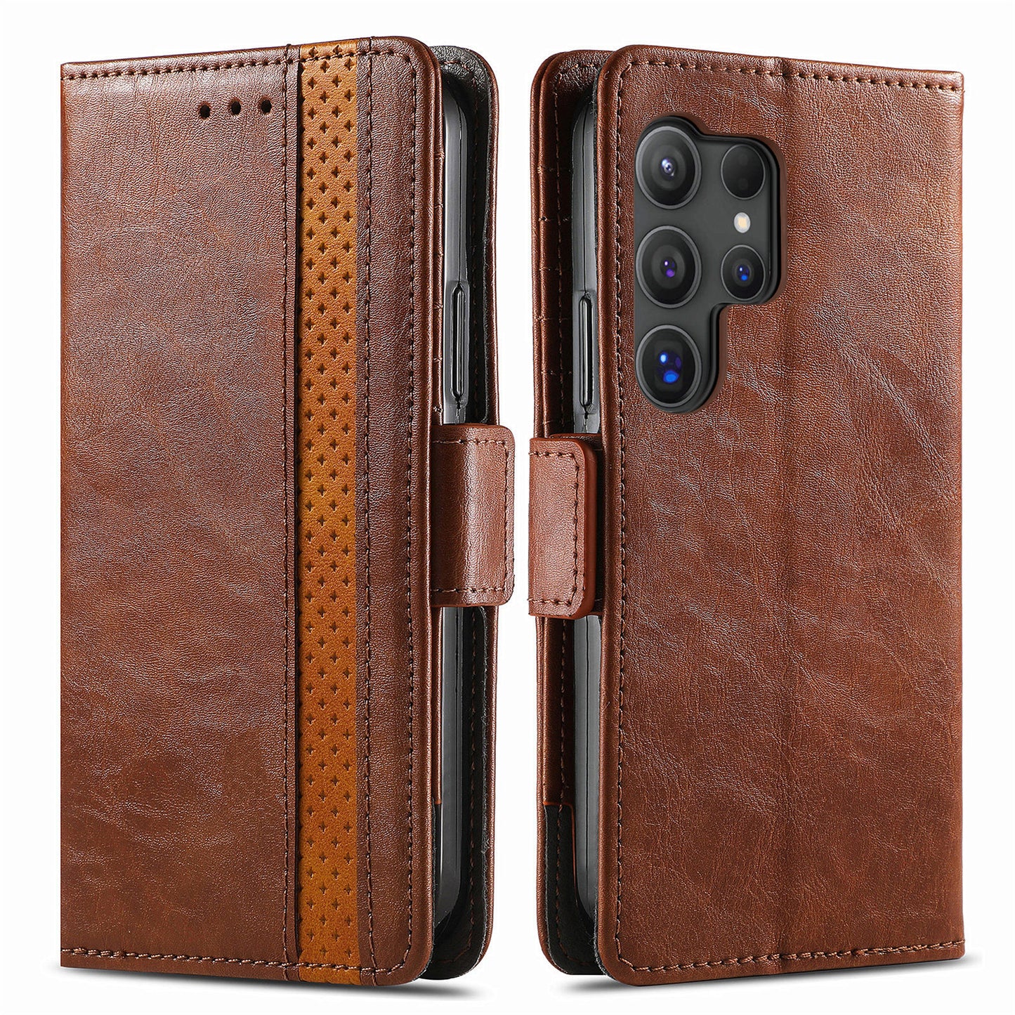 CASENEO 002 Series For Samsung Galaxy S24 Ultra Case RFID Blocking Wallet Splicing Leather Cover - Dark Brown