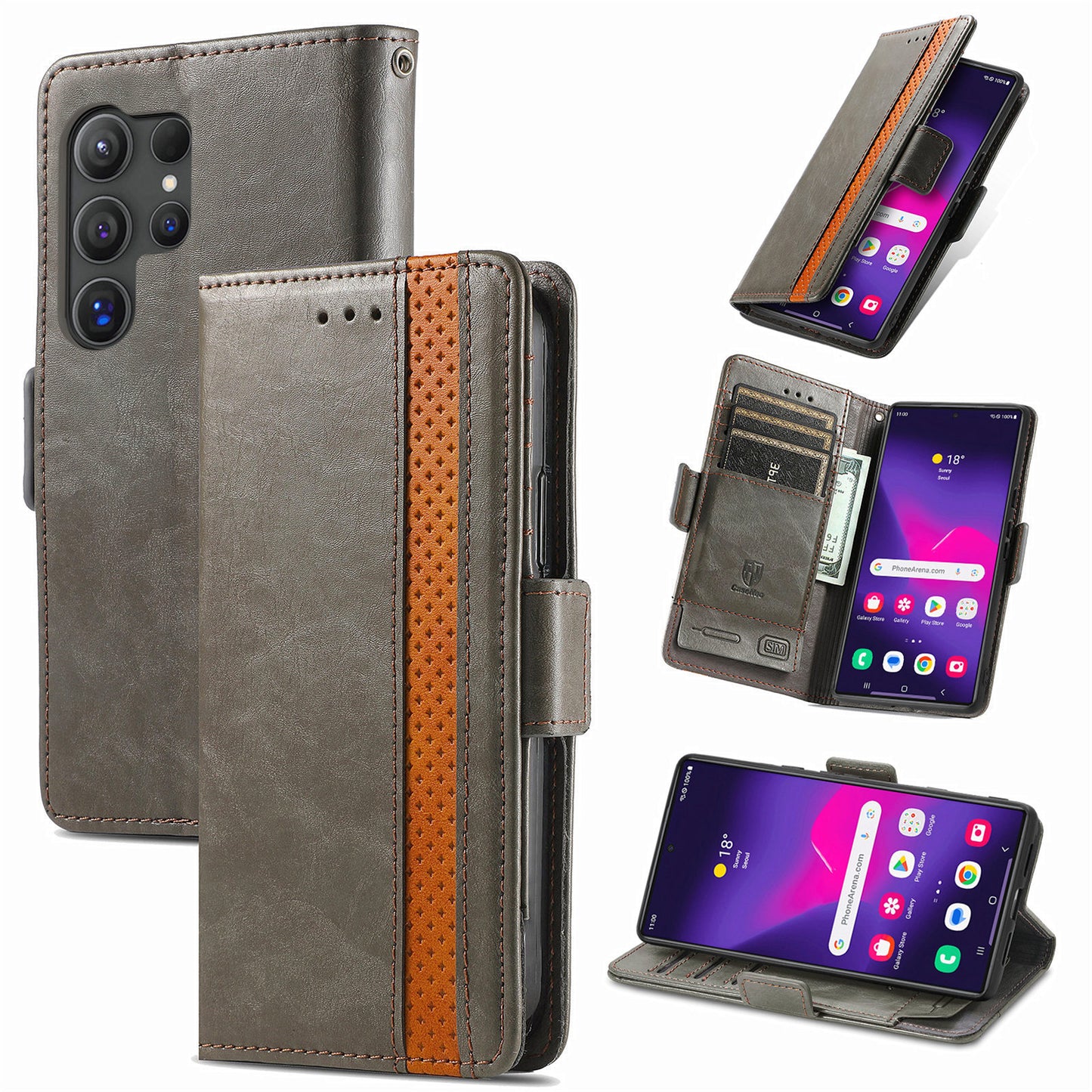 CASENEO 002 Series For Samsung Galaxy S24 Ultra Case RFID Blocking Wallet Splicing Leather Cover - Grey