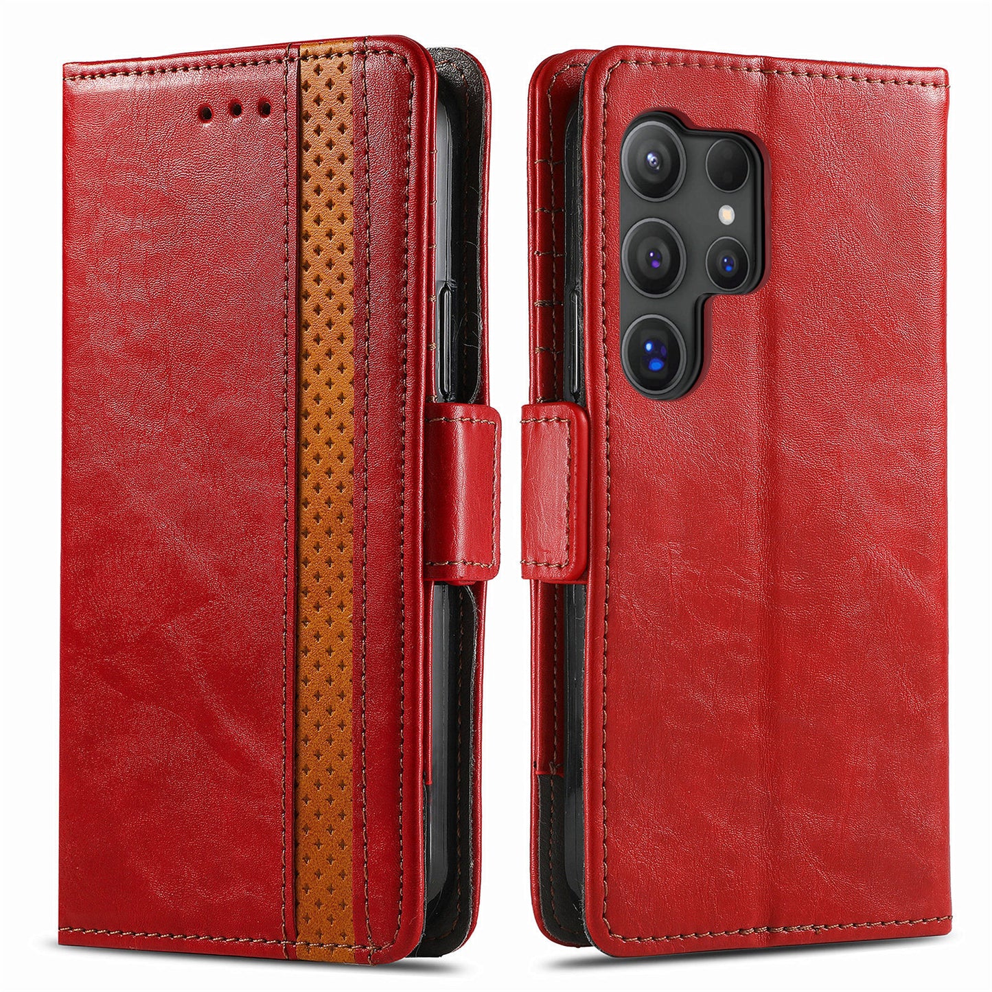 CASENEO 002 Series For Samsung Galaxy S24 Ultra Case RFID Blocking Wallet Splicing Leather Cover - Red