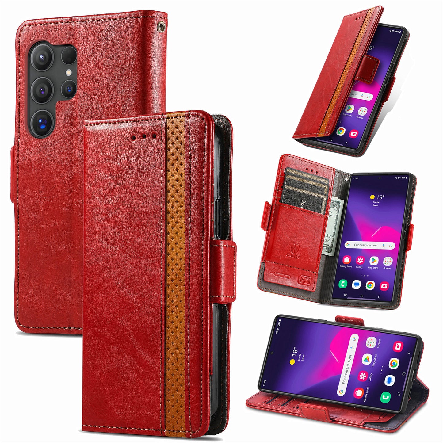 CASENEO 002 Series For Samsung Galaxy S24 Ultra Case RFID Blocking Wallet Splicing Leather Cover - Red