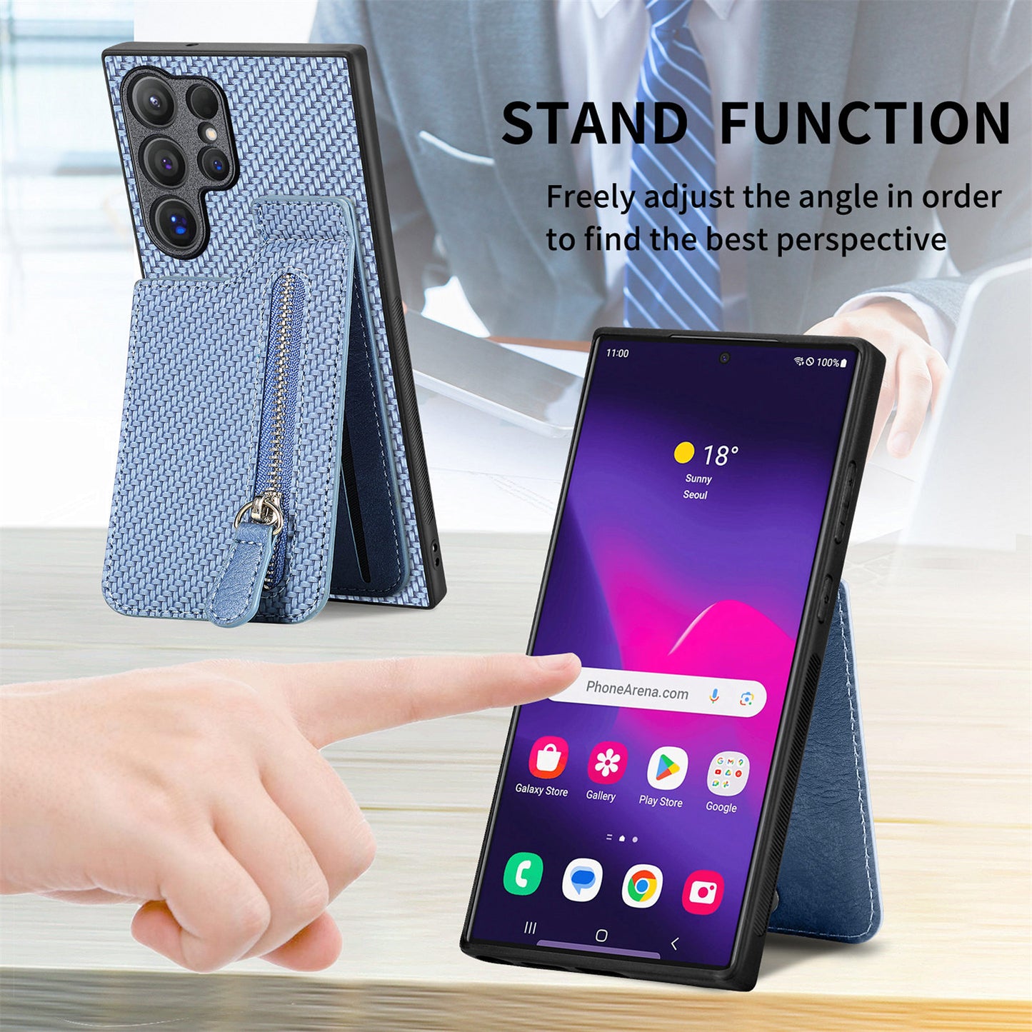 For Samsung Galaxy S24 Ultra Case Zipper Pocket Kickstand Phone Cover - Blue