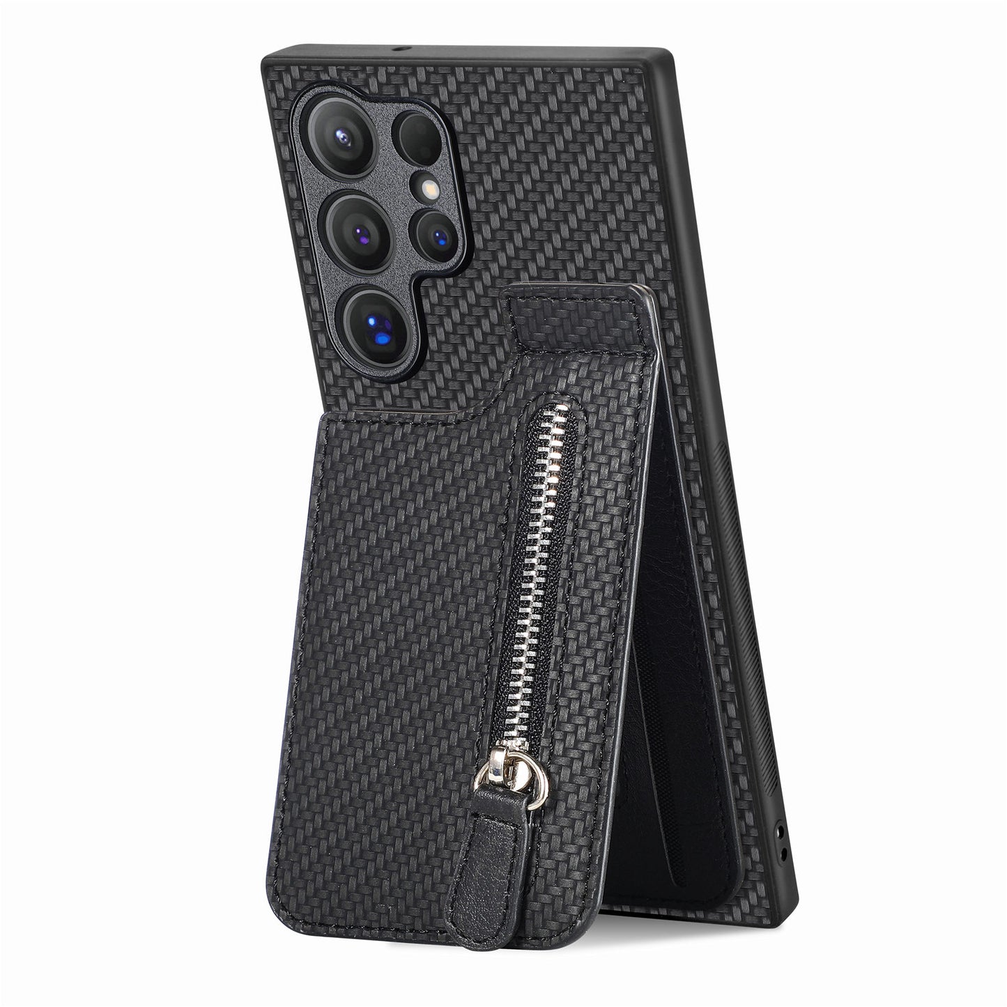 For Samsung Galaxy S24 Ultra Case Zipper Pocket Kickstand Phone Cover - Black