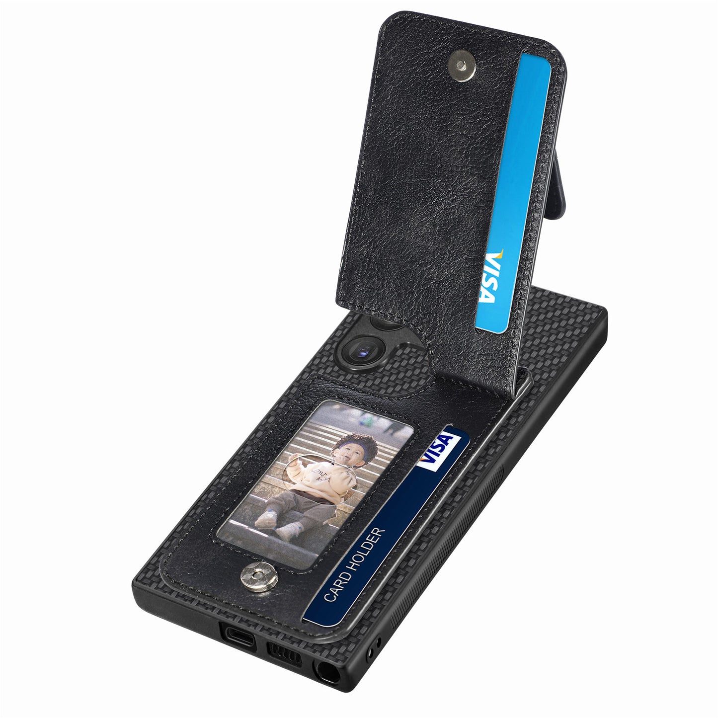 For Samsung Galaxy S24 Ultra Case Zipper Pocket Kickstand Phone Cover - Black