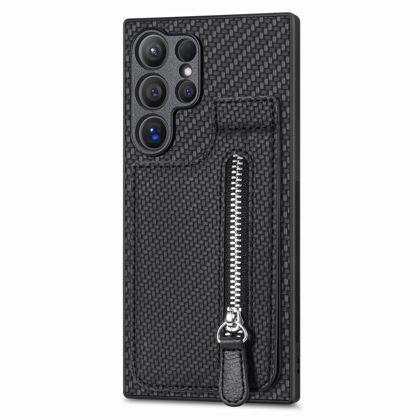 For Samsung Galaxy S24 Ultra Case Zipper Pocket Kickstand Phone Cover - Black