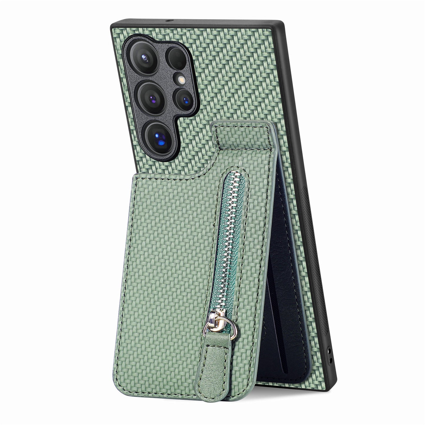 For Samsung Galaxy S24 Ultra Case Zipper Pocket Kickstand Phone Cover - Green