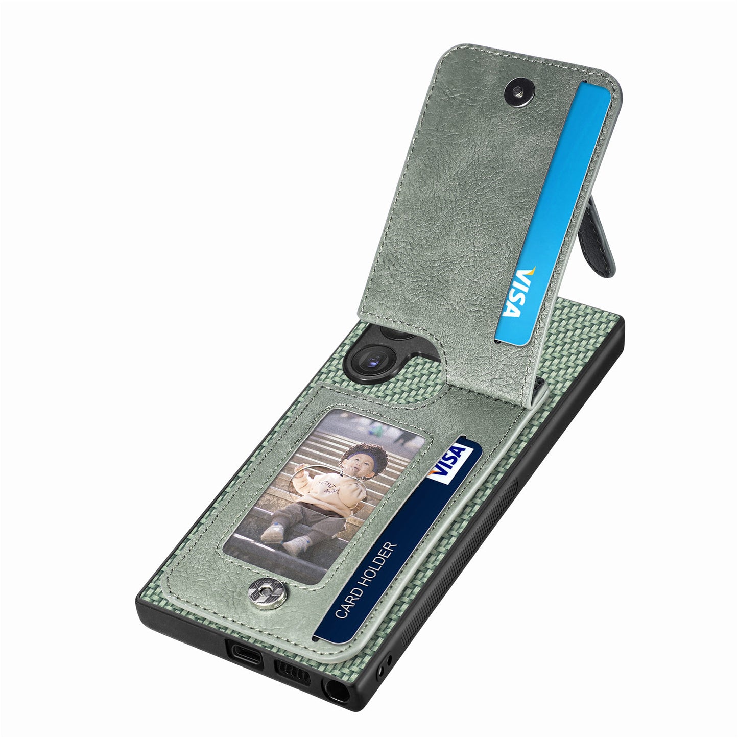 For Samsung Galaxy S24 Ultra Case Zipper Pocket Kickstand Phone Cover - Green